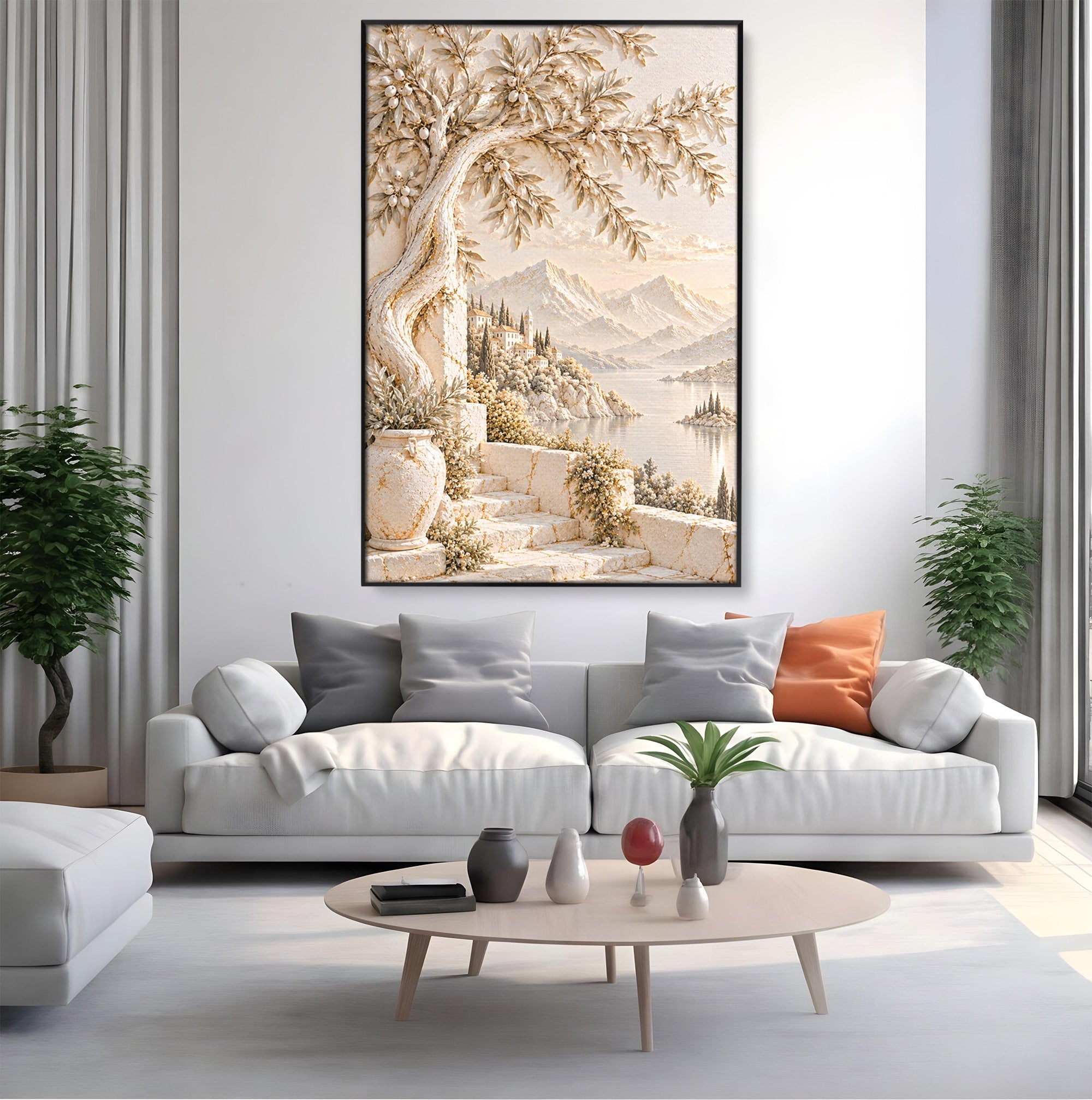 Tablou Canvas Premium LuxCanva® PI1421, Colt De Lume Mediteraneana, Peisaj, Meditatie, Mare, Munte, Arta, Culori Vibrante, Living, Dormitor