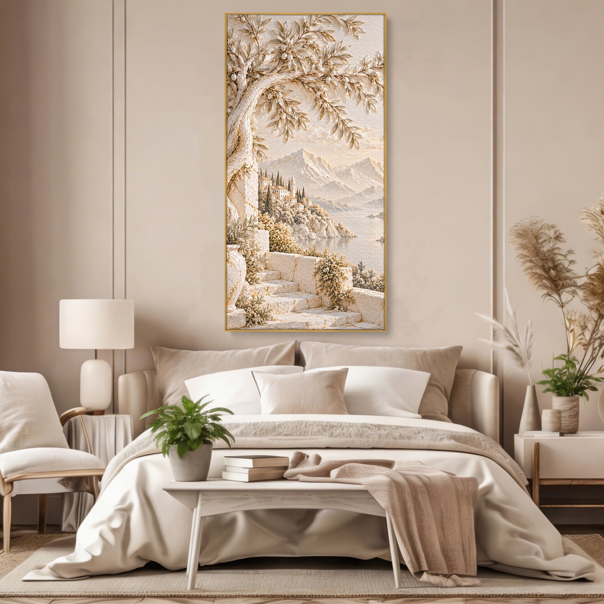 Tablou Canvas Premium LuxCanva® PI1421, Colt De Lume Mediteraneana, Peisaj, Meditatie, Mare, Munte, Arta, Culori Vibrante, Living, Dormitor