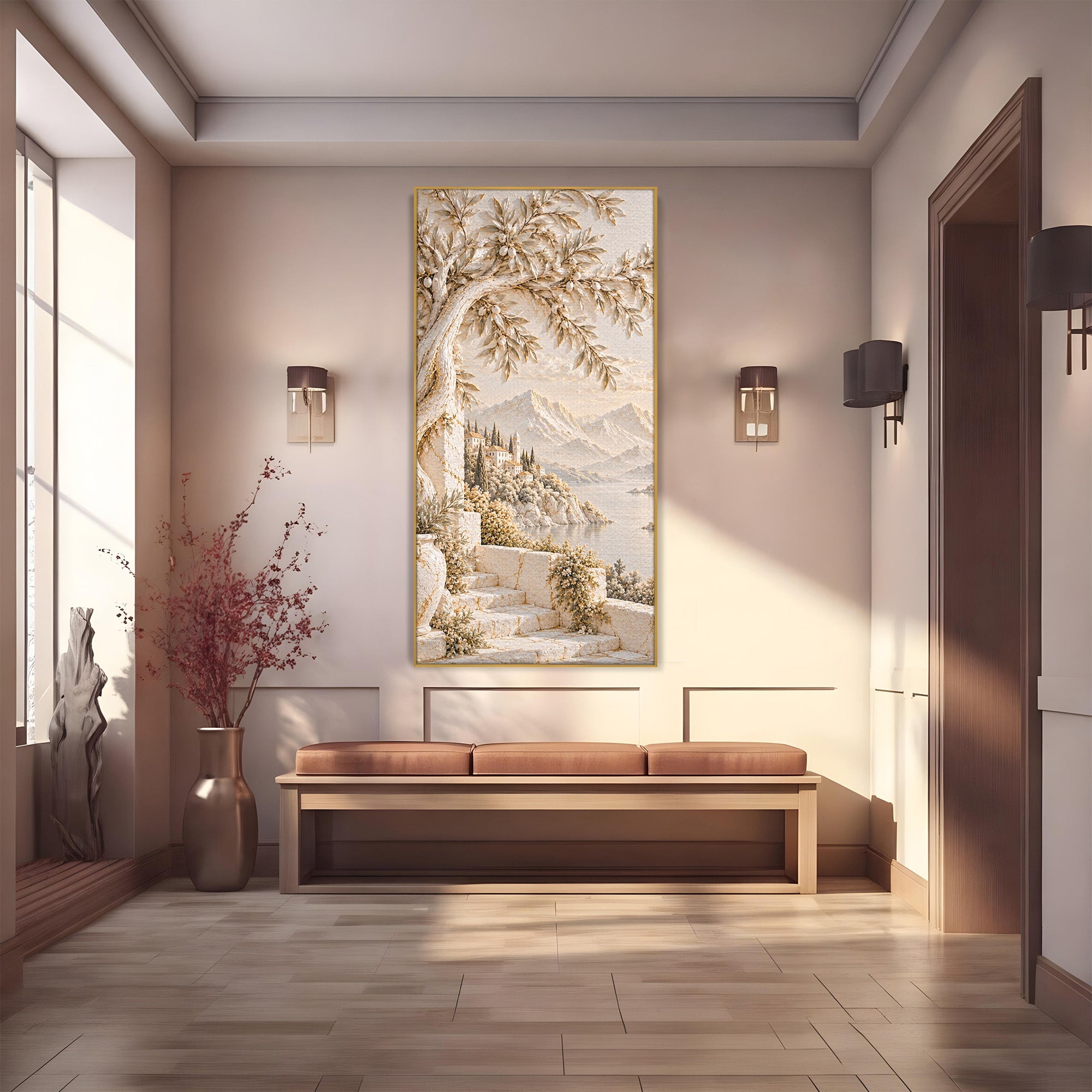 Tablou Canvas Premium LuxCanva® PI1421, Colt De Lume Mediteraneana, Peisaj, Meditatie, Mare, Munte, Arta, Culori Vibrante, Living, Dormitor