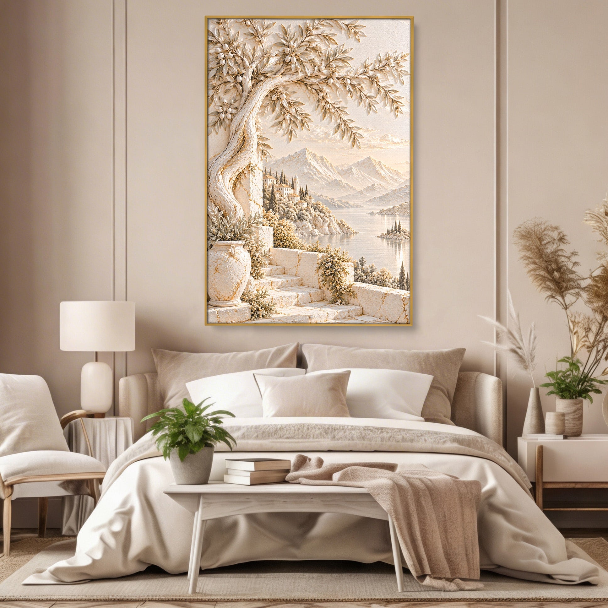 Tablou Canvas Premium LuxCanva® PI1421, Colt De Lume Mediteraneana, Peisaj, Meditatie, Mare, Munte, Arta, Culori Vibrante, Living, Dormitor