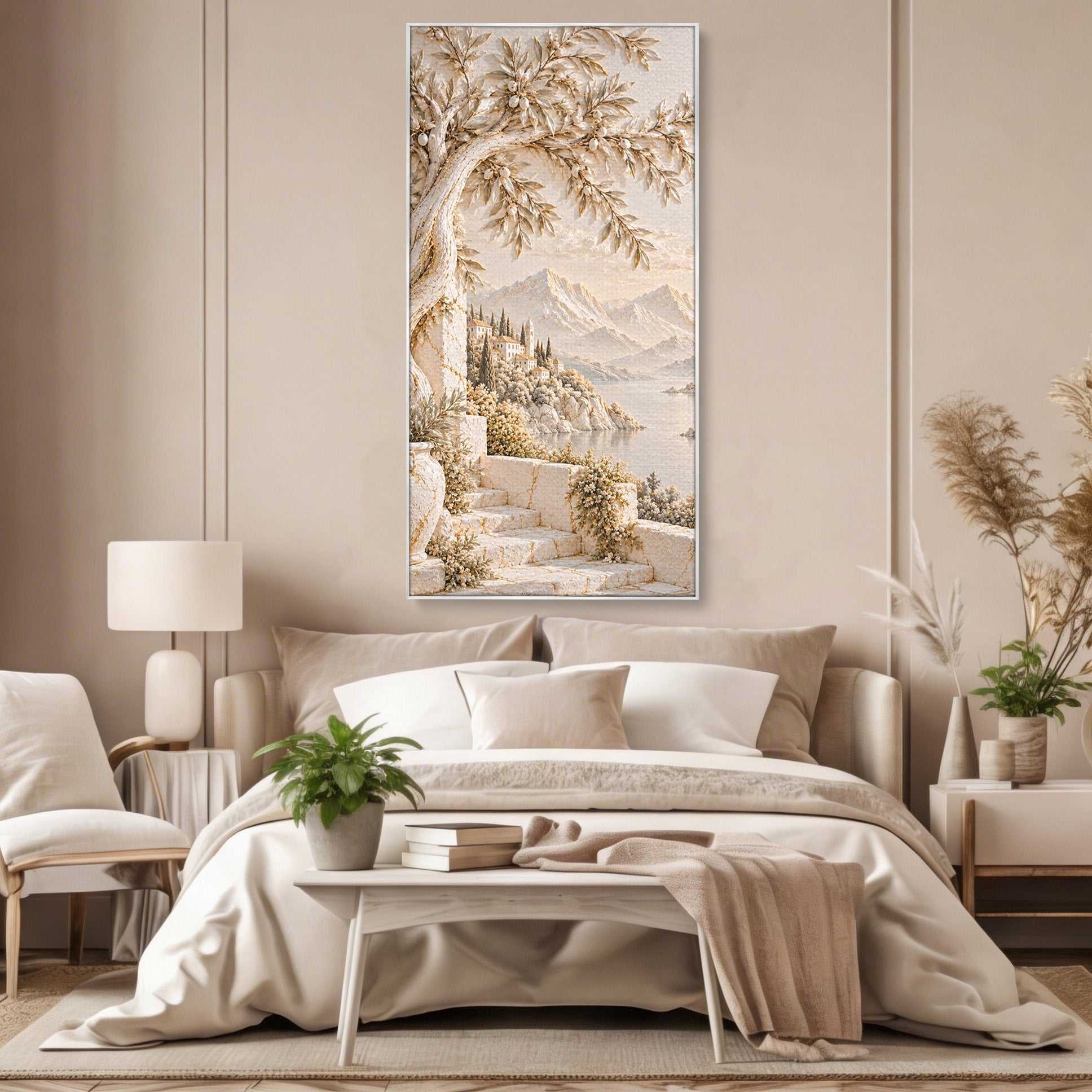 Tablou Canvas Premium LuxCanva® PI1421, Colt De Lume Mediteraneana, Peisaj, Meditatie, Mare, Munte, Arta, Culori Vibrante, Living, Dormitor