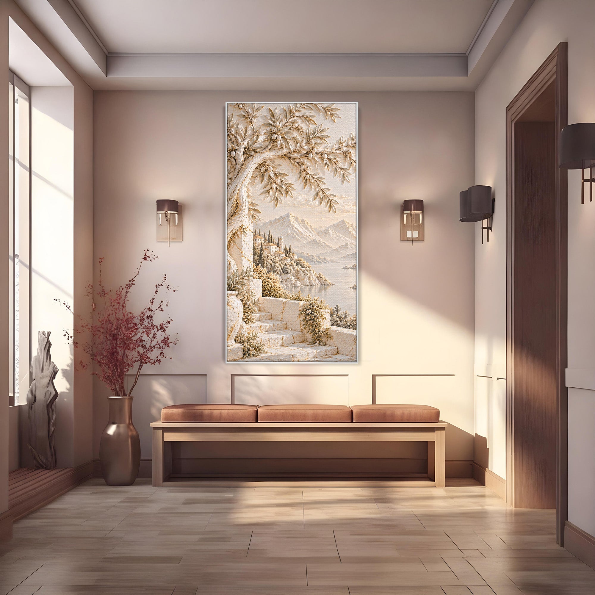 Tablou Canvas Premium LuxCanva® PI1421, Colt De Lume Mediteraneana, Peisaj, Meditatie, Mare, Munte, Arta, Culori Vibrante, Living, Dormitor
