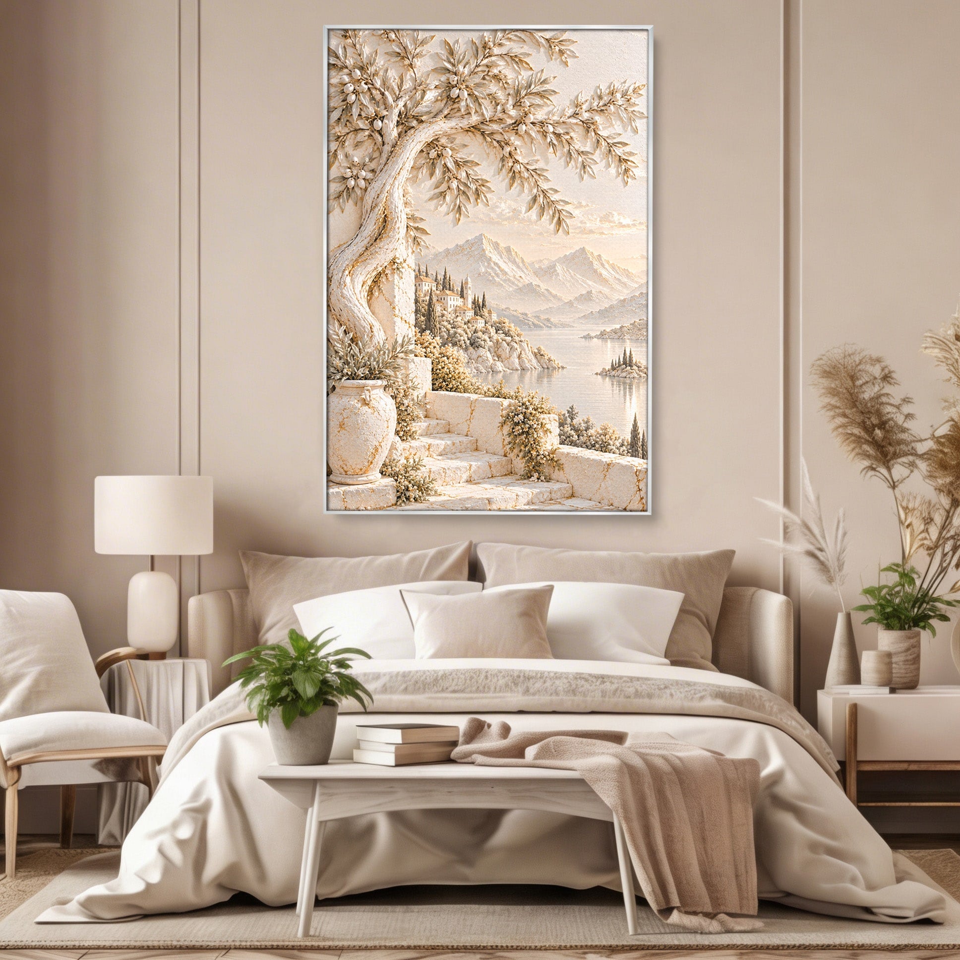 Tablou Canvas Premium LuxCanva® PI1421, Colt De Lume Mediteraneana, Peisaj, Meditatie, Mare, Munte, Arta, Culori Vibrante, Living, Dormitor
