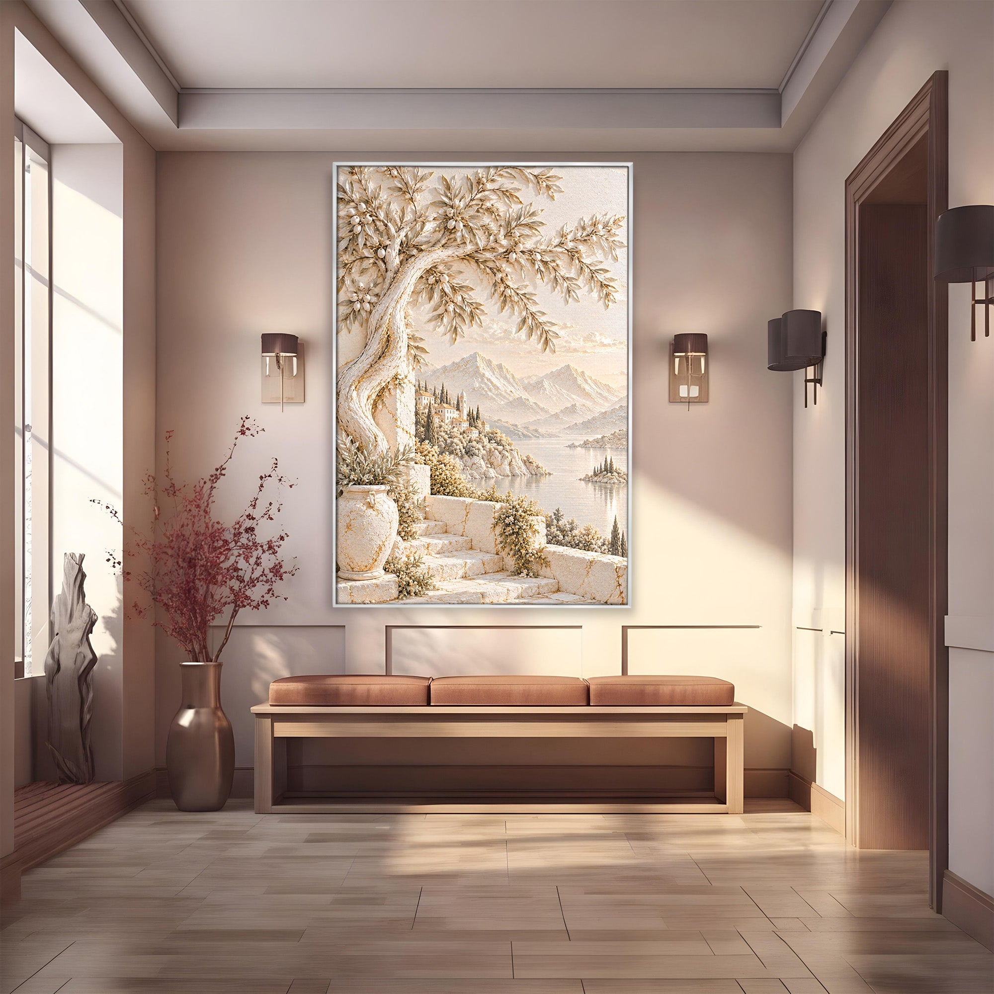 Tablou Canvas Premium LuxCanva® PI1421, Colt De Lume Mediteraneana, Peisaj, Meditatie, Mare, Munte, Arta, Culori Vibrante, Living, Dormitor