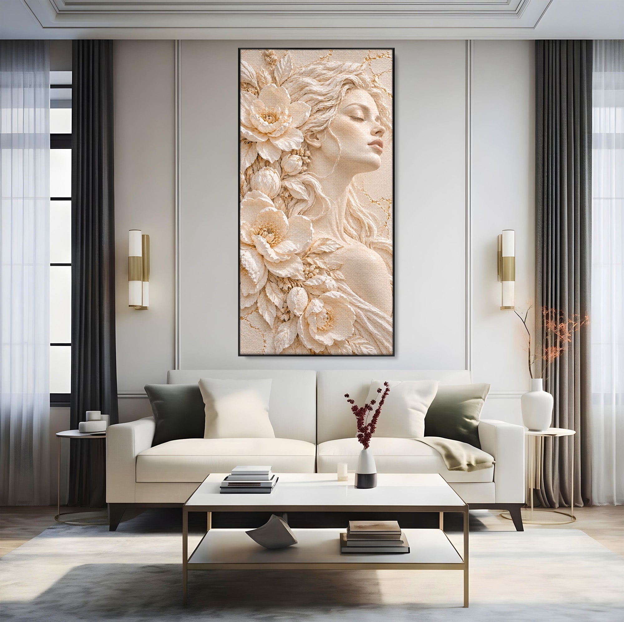 Tablou Canvas Premium LuxCanva® PI1422, Zeița Naturii, Femeie, Flori, Serafic, Eleganta, Culori Vibrante, Living, Dormitor, Salon