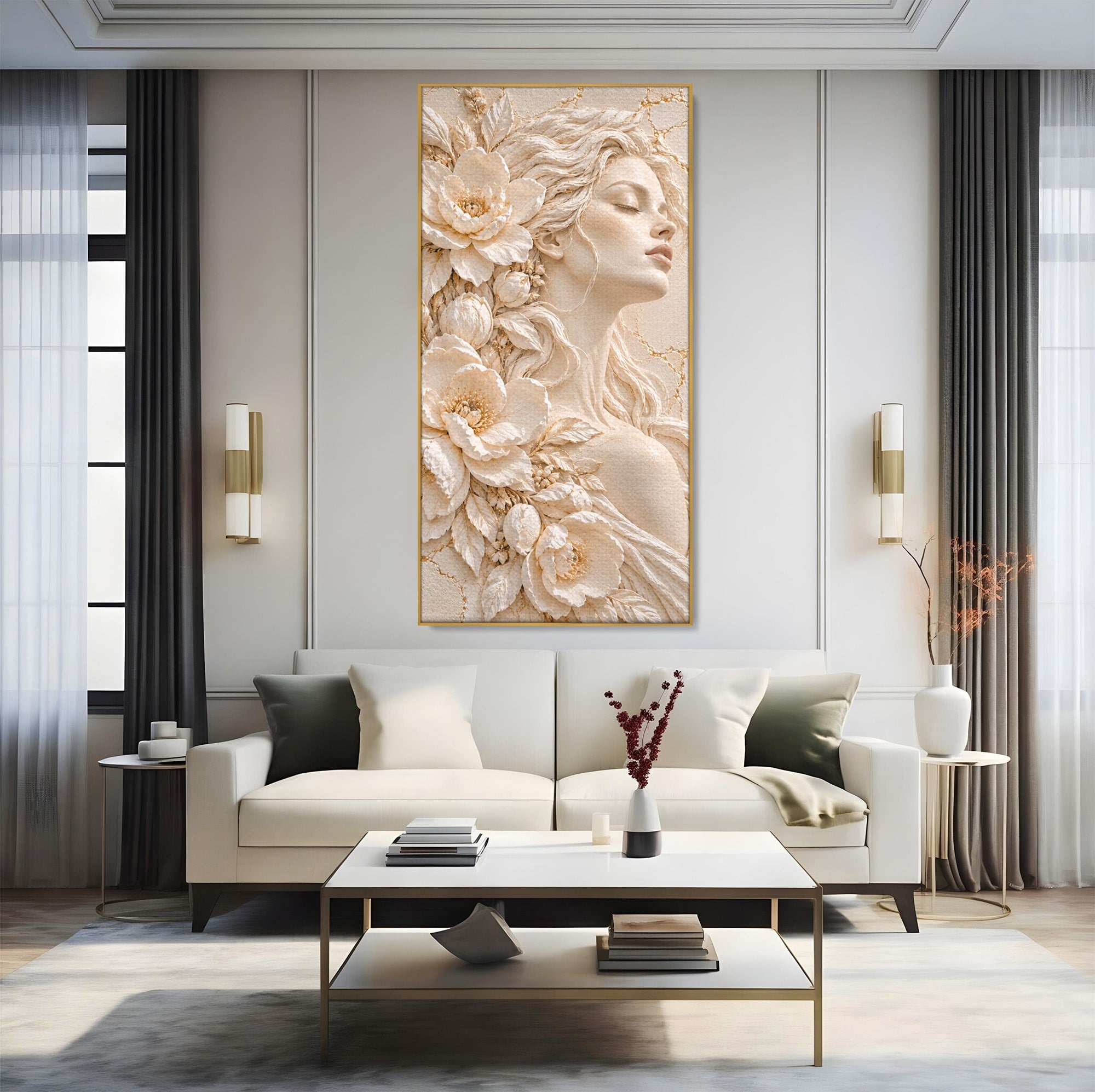 Tablou Canvas Premium LuxCanva® PI1422, Zeița Naturii, Femeie, Flori, Serafic, Eleganta, Culori Vibrante, Living, Dormitor, Salon
