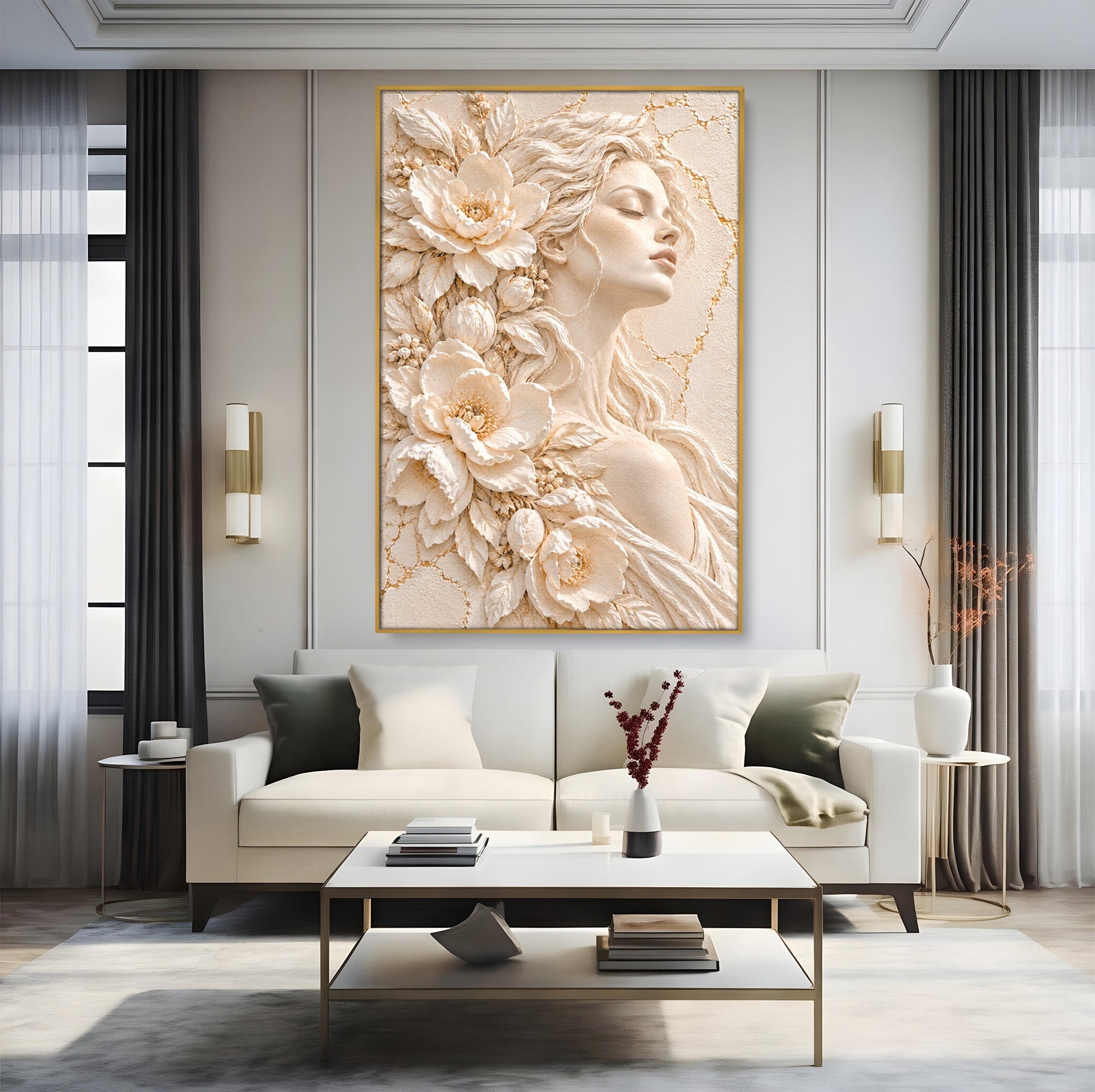 Tablou Canvas Premium LuxCanva® PI1422, Zeița Naturii, Femeie, Flori, Serafic, Eleganta, Culori Vibrante, Living, Dormitor, Salon