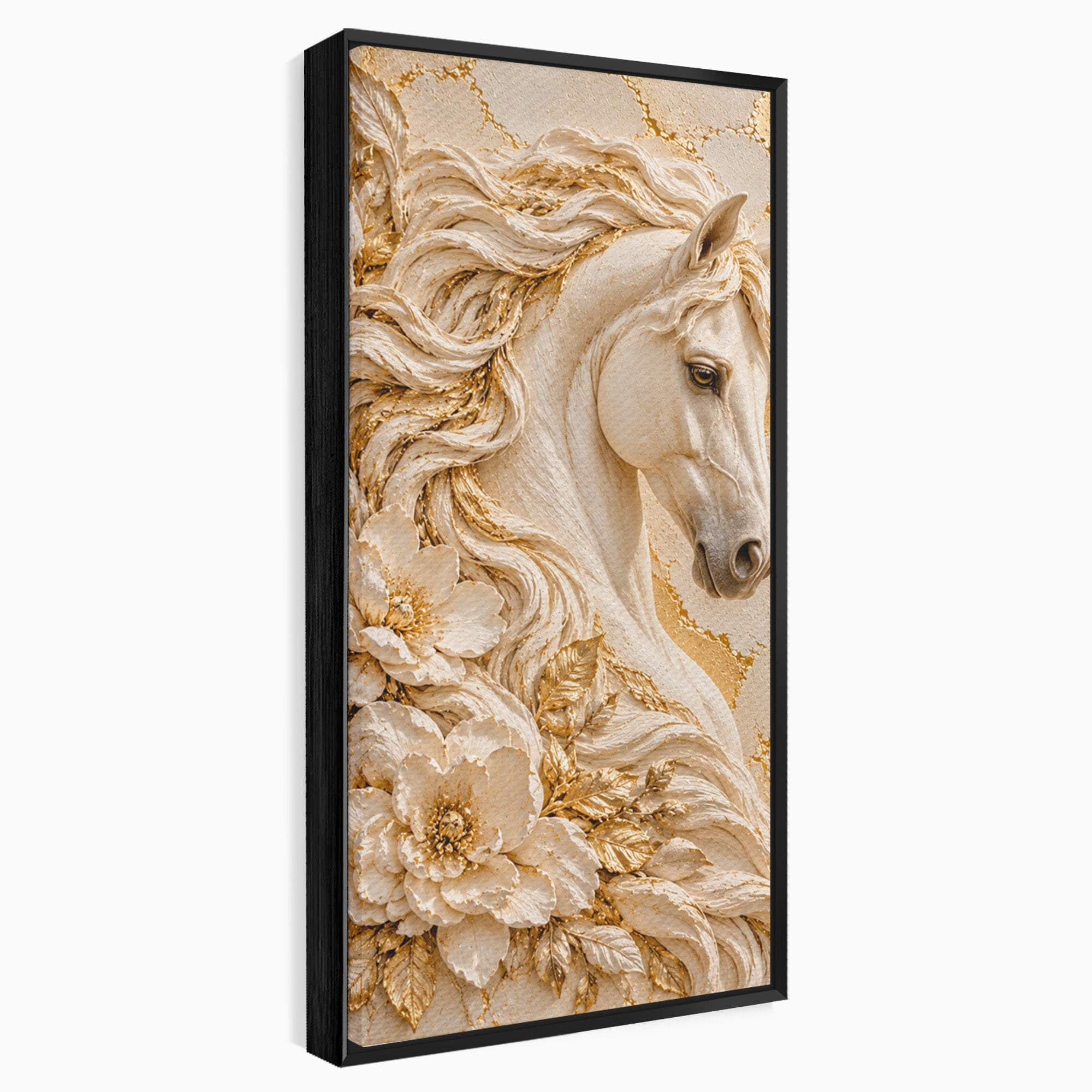 Tablou Canvas Premium LuxCanva® PI1423, Cal Auriu Regal, Armasar, Frumusete, Flori, Eleganta, Culori Vibrante, Living, Dormitor