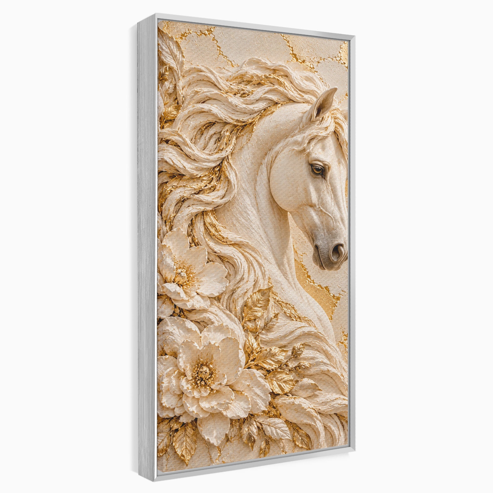 Tablou Canvas Premium LuxCanva® PI1423, Cal Auriu Regal, Armasar, Frumusete, Flori, Eleganta, Culori Vibrante, Living, Dormitor