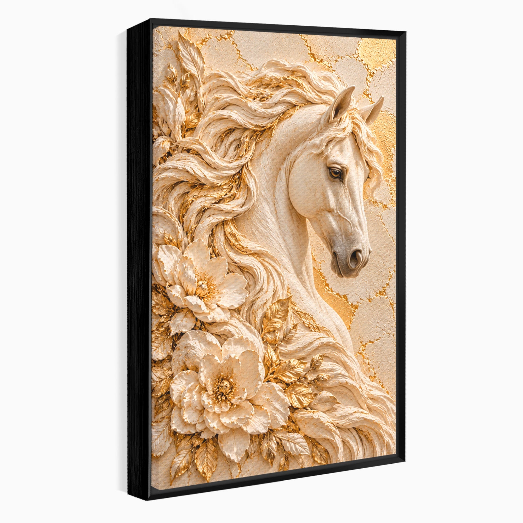 Tablou Canvas Premium LuxCanva® PI1423, Cal Auriu Regal, Armasar, Frumusete, Flori, Eleganta, Culori Vibrante, Living, Dormitor