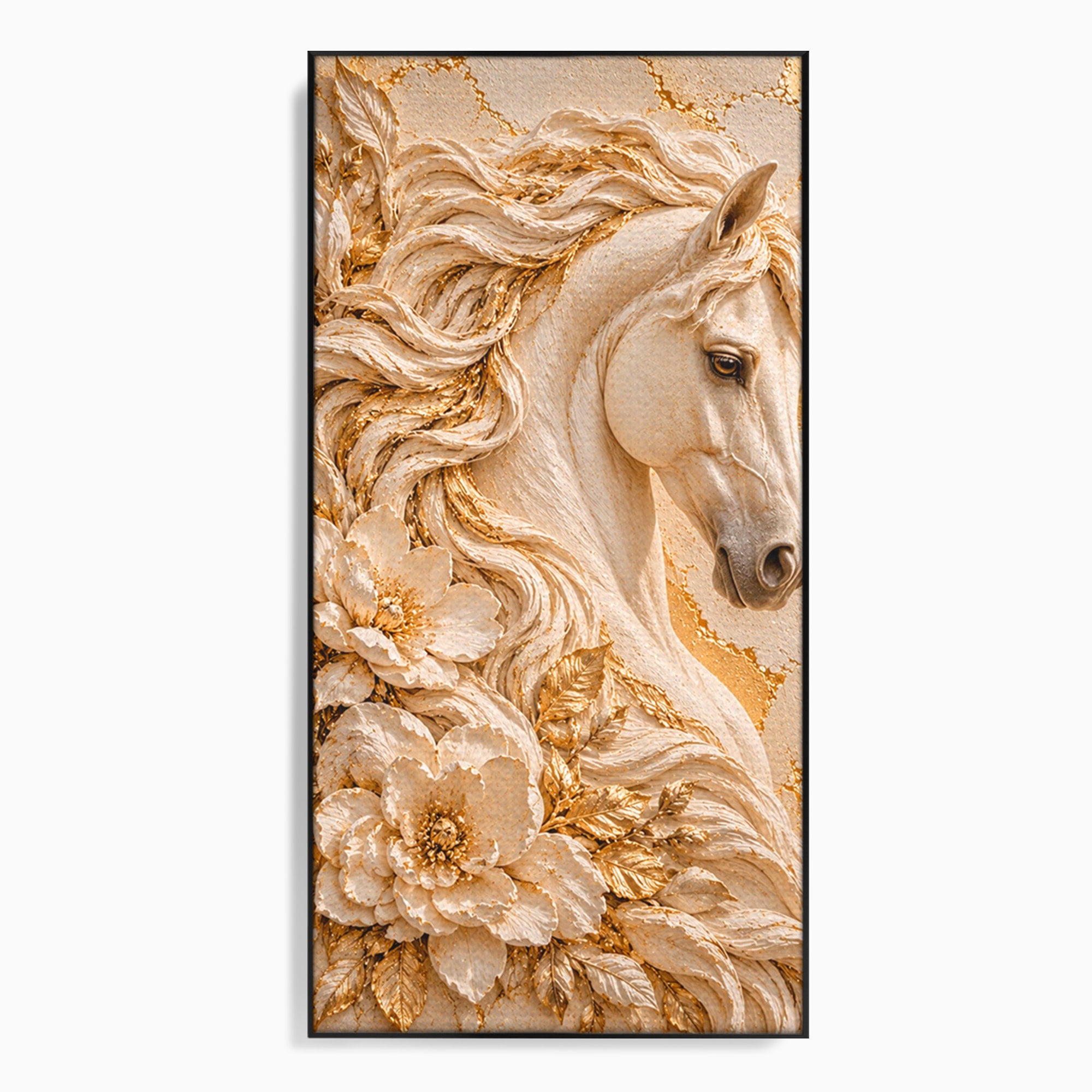 Tablou Canvas Premium LuxCanva® PI1423, Cal Auriu Regal, Armasar, Frumusete, Flori, Eleganta, Culori Vibrante, Living, Dormitor