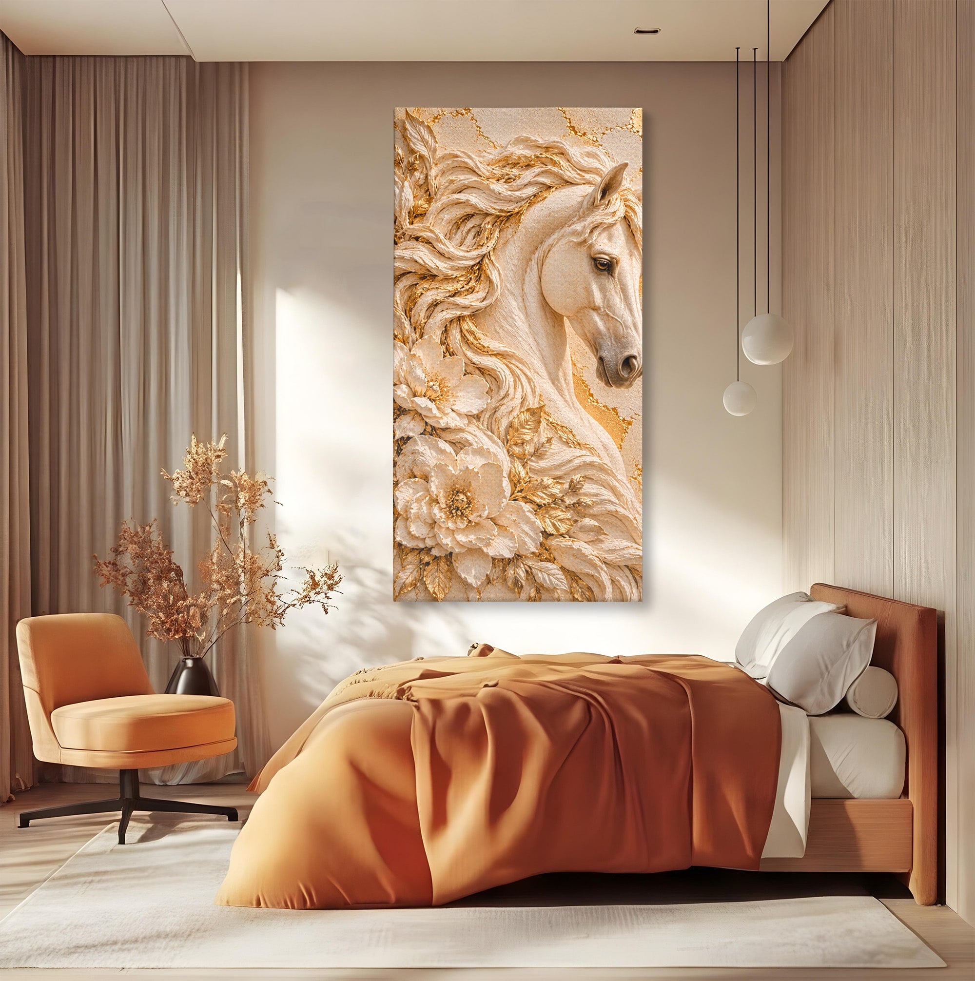 Tablou Canvas Premium LuxCanva® PI1423, Cal Auriu Regal, Armasar, Frumusete, Flori, Eleganta, Culori Vibrante, Living, Dormitor