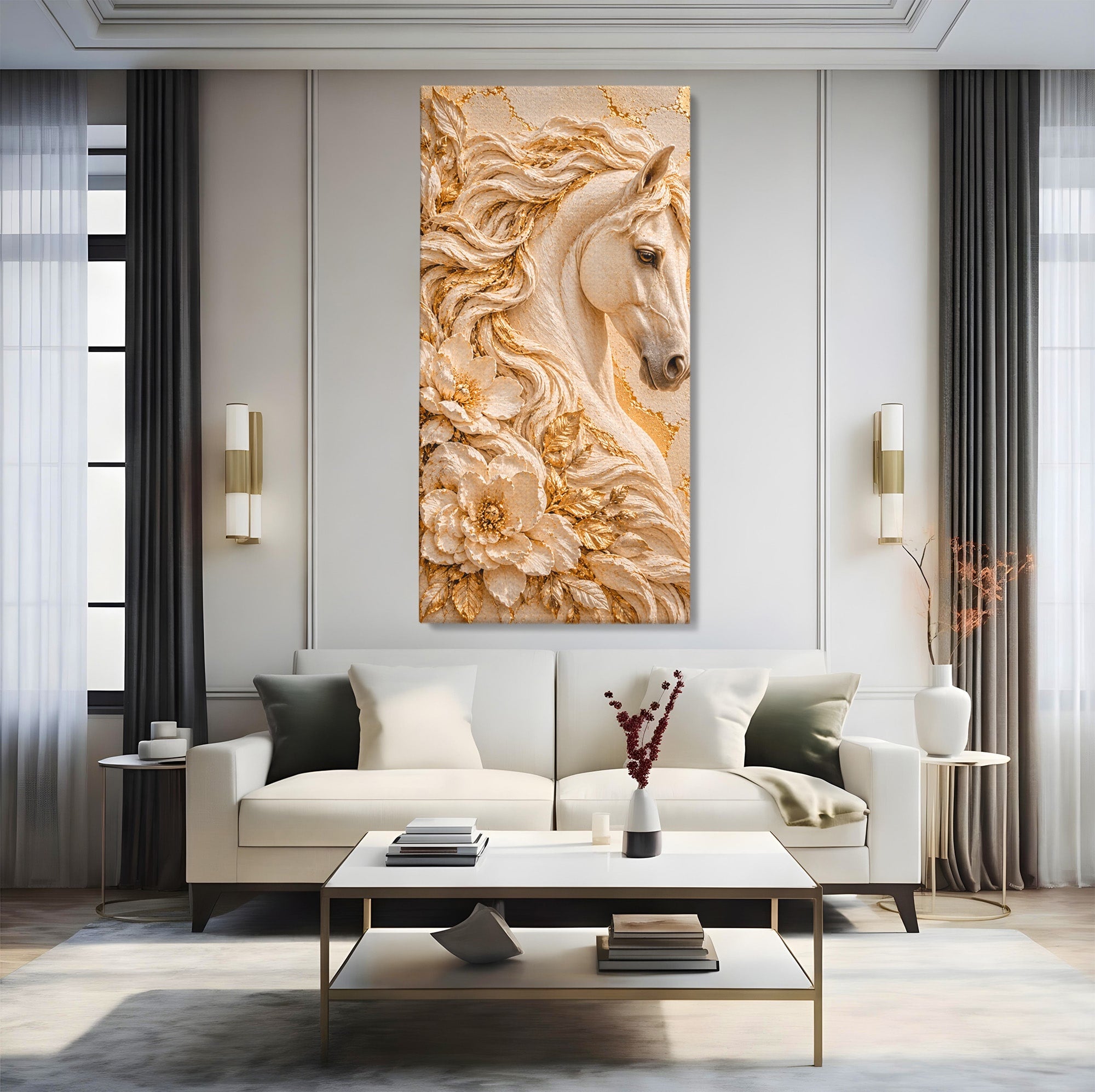 Tablou Canvas Premium LuxCanva® PI1423, Cal Auriu Regal, Armasar, Frumusete, Flori, Eleganta, Culori Vibrante, Living, Dormitor