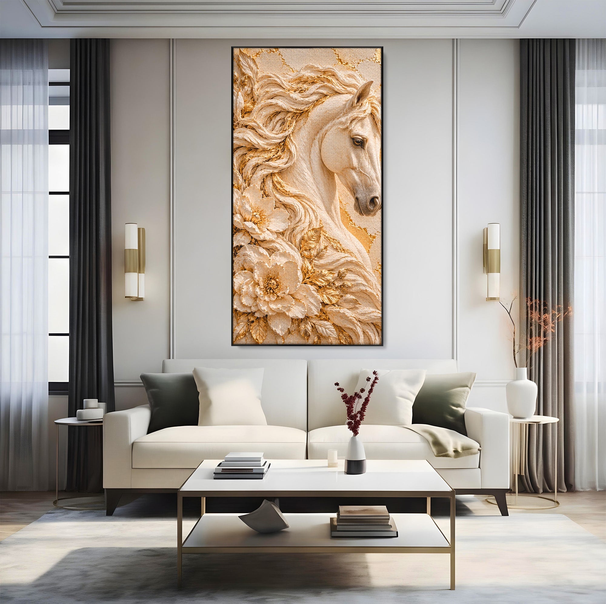 Tablou Canvas Premium LuxCanva® PI1423, Cal Auriu Regal, Armasar, Frumusete, Flori, Eleganta, Culori Vibrante, Living, Dormitor