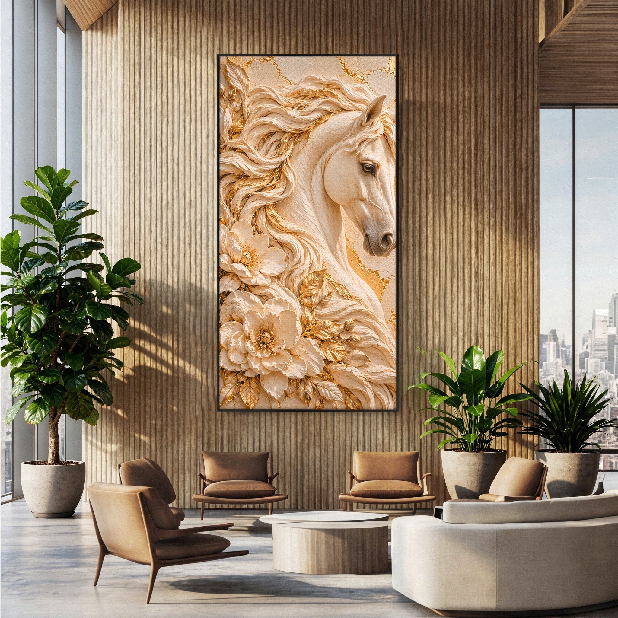 Tablou Canvas Premium LuxCanva® PI1423, Cal Auriu Regal, Armasar, Frumusete, Flori, Eleganta, Culori Vibrante, Living, Dormitor