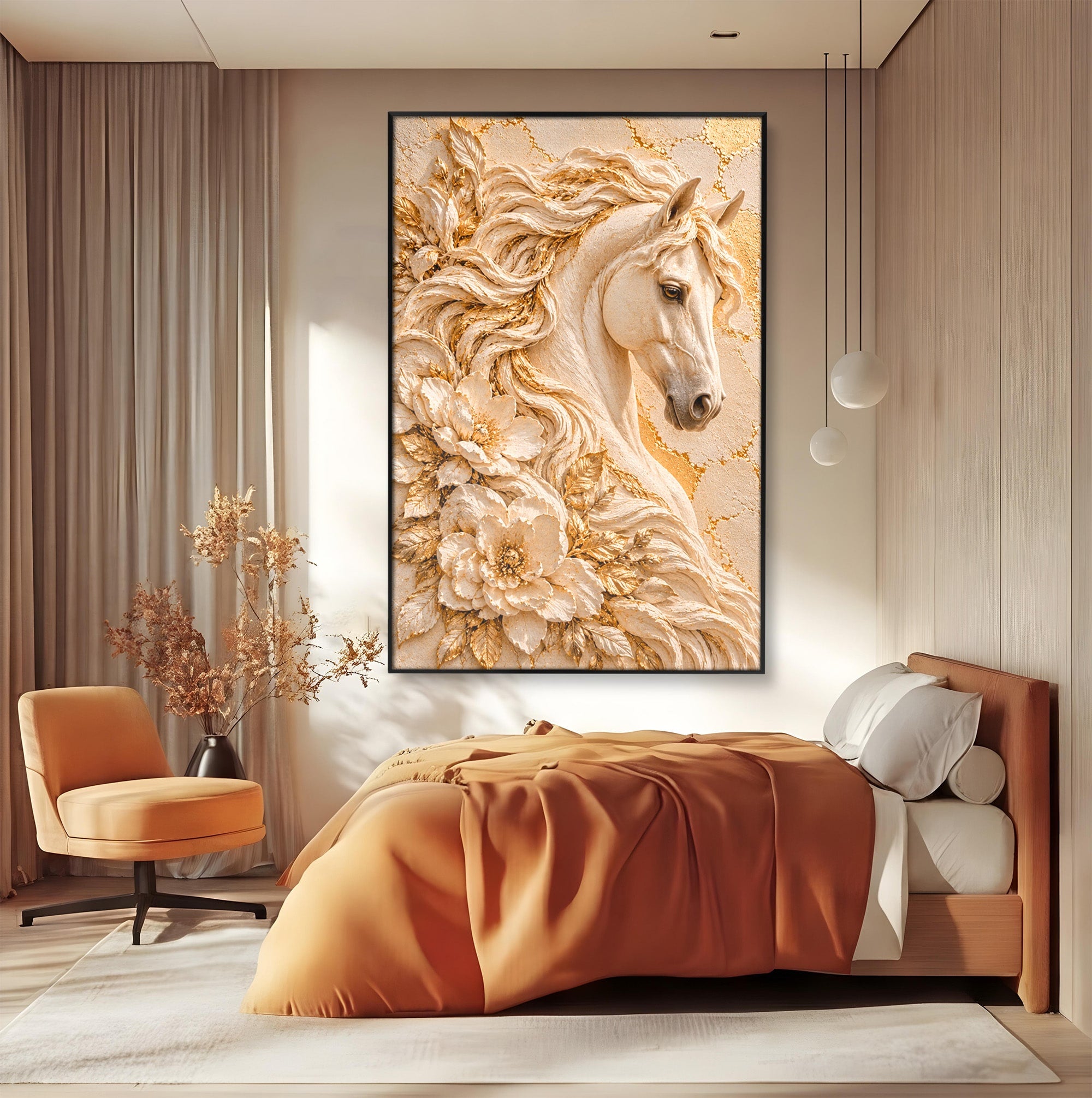 Tablou Canvas Premium LuxCanva® PI1423, Cal Auriu Regal, Armasar, Frumusete, Flori, Eleganta, Culori Vibrante, Living, Dormitor
