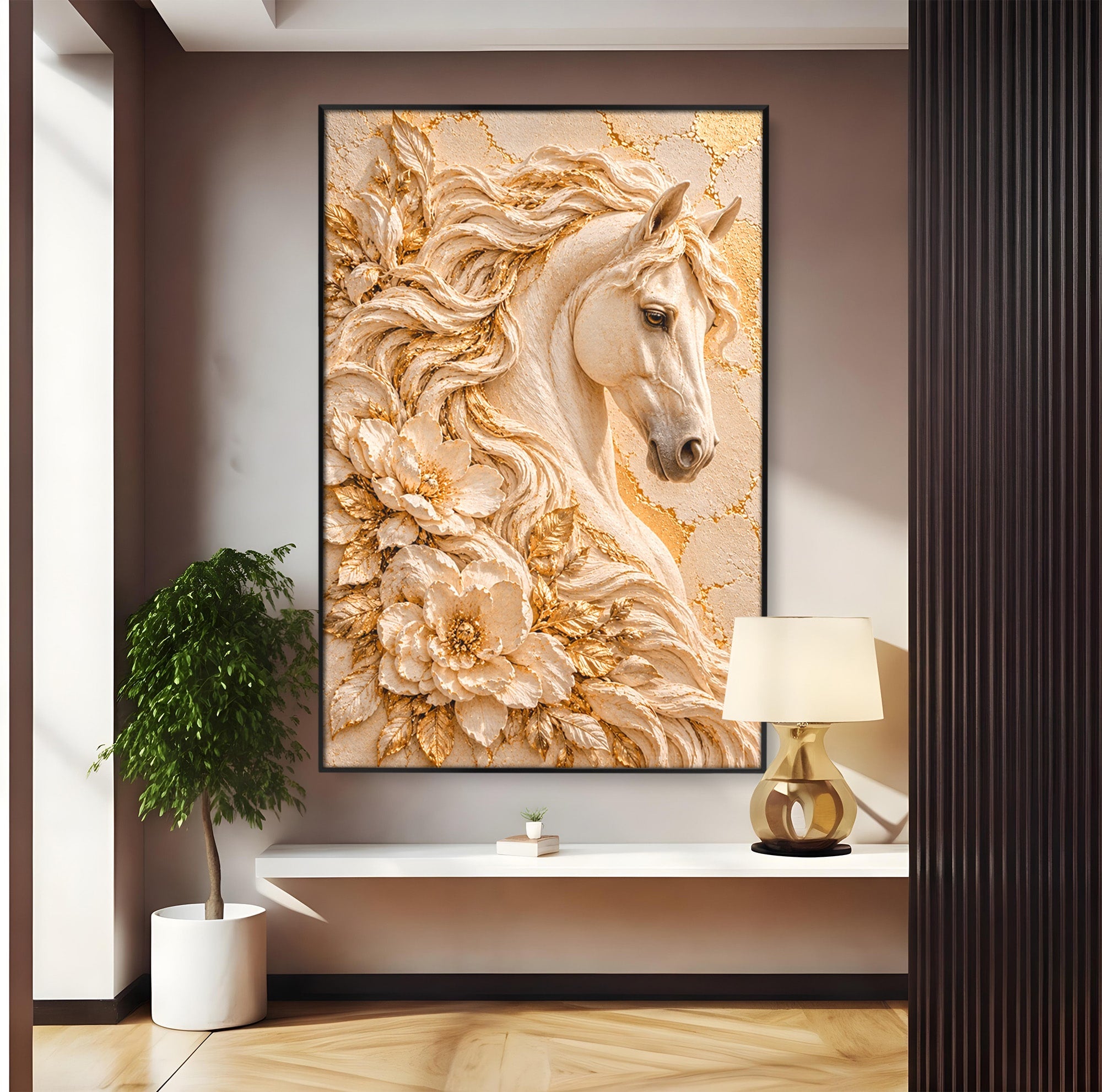 Tablou Canvas Premium LuxCanva® PI1423, Cal Auriu Regal, Armasar, Frumusete, Flori, Eleganta, Culori Vibrante, Living, Dormitor