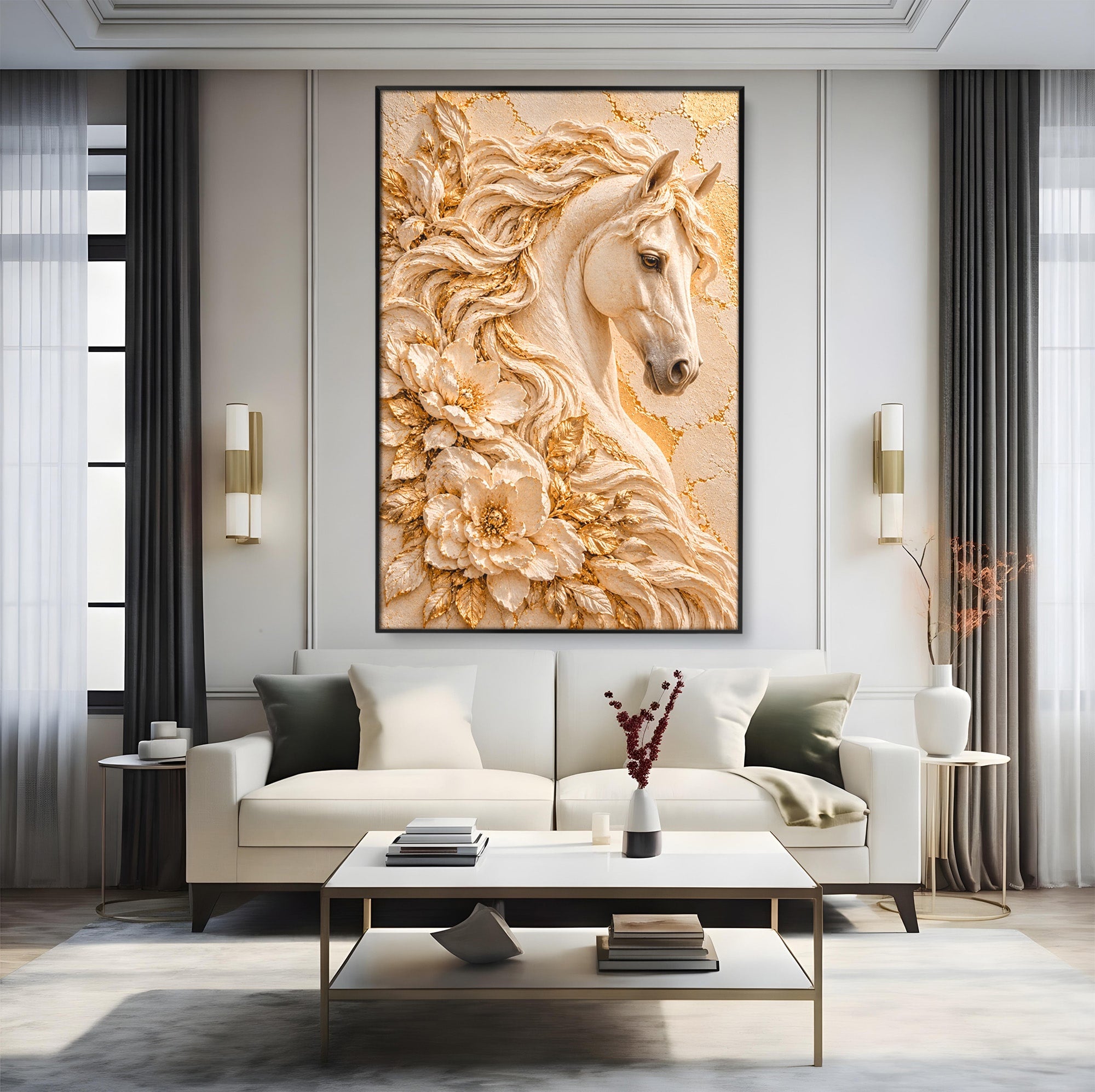 Tablou Canvas Premium LuxCanva® PI1423, Cal Auriu Regal, Armasar, Frumusete, Flori, Eleganta, Culori Vibrante, Living, Dormitor