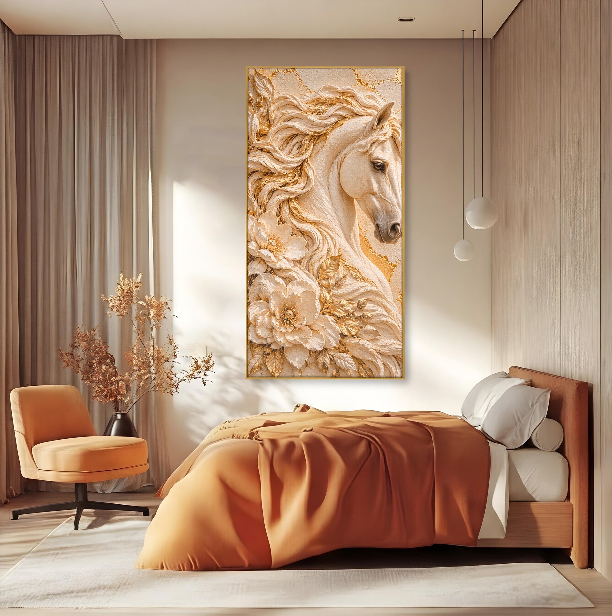 Tablou Canvas Premium LuxCanva® PI1423, Cal Auriu Regal, Armasar, Frumusete, Flori, Eleganta, Culori Vibrante, Living, Dormitor