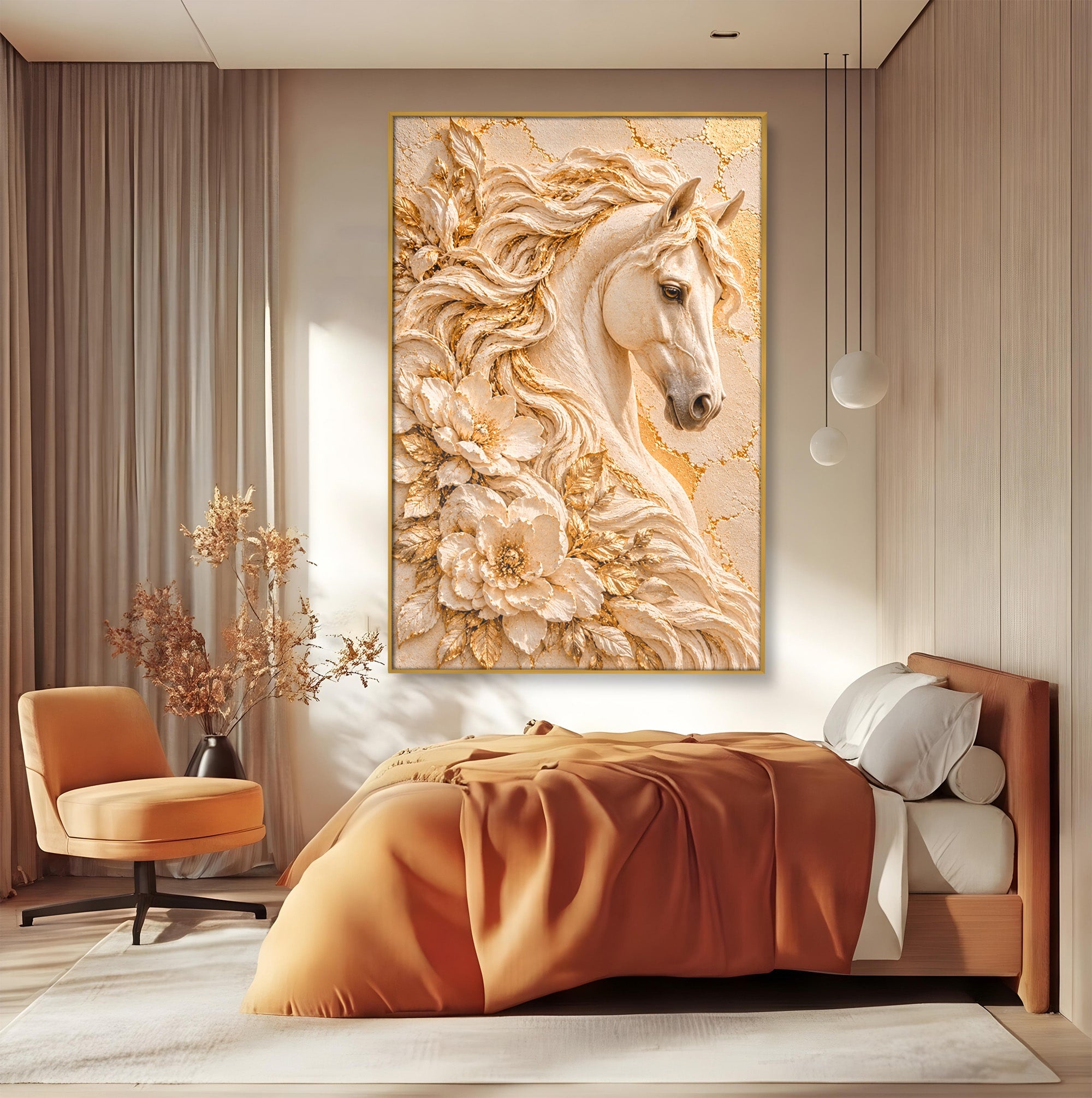 Tablou Canvas Premium LuxCanva® PI1423, Cal Auriu Regal, Armasar, Frumusete, Flori, Eleganta, Culori Vibrante, Living, Dormitor