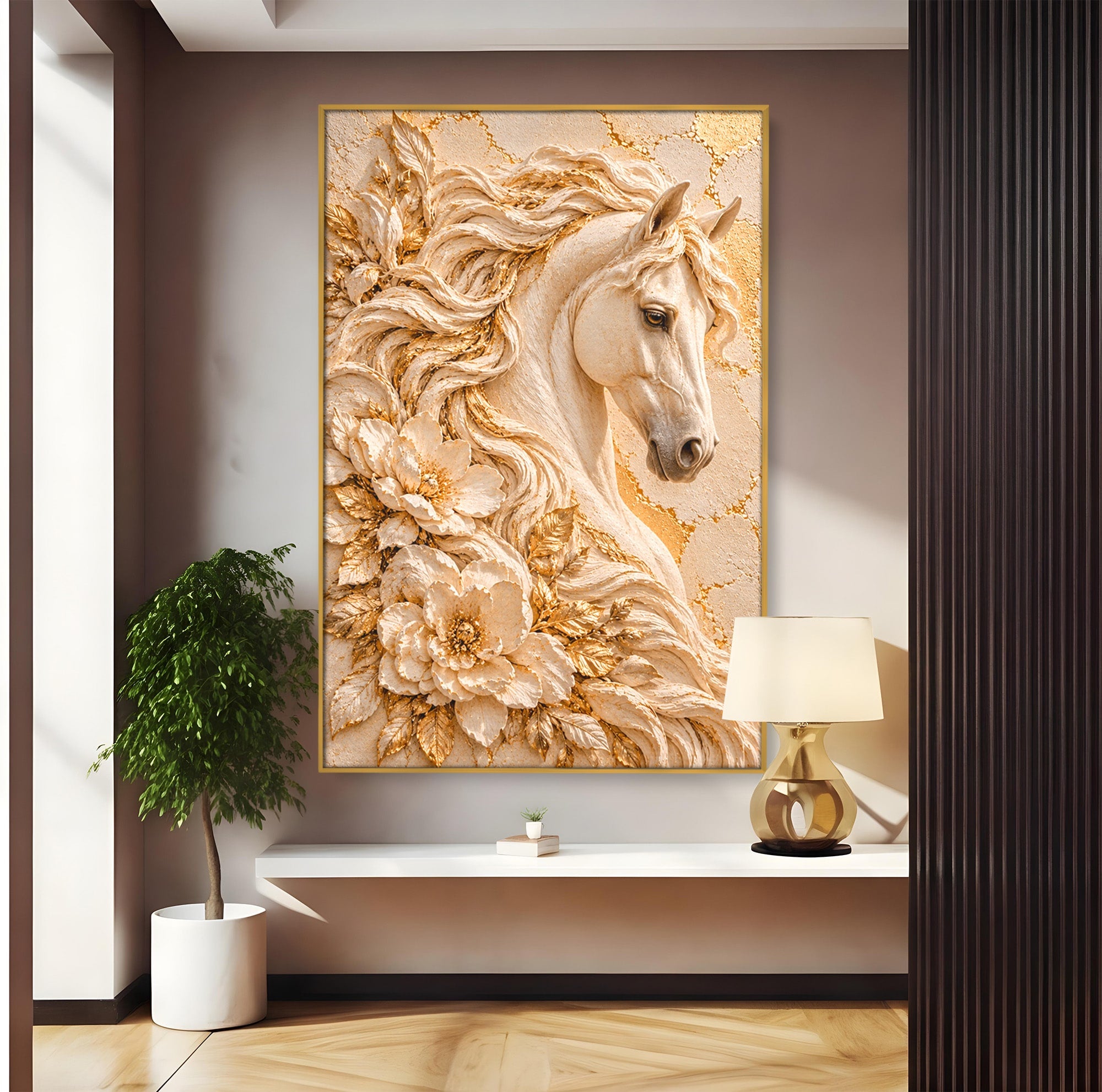 Tablou Canvas Premium LuxCanva® PI1423, Cal Auriu Regal, Armasar, Frumusete, Flori, Eleganta, Culori Vibrante, Living, Dormitor
