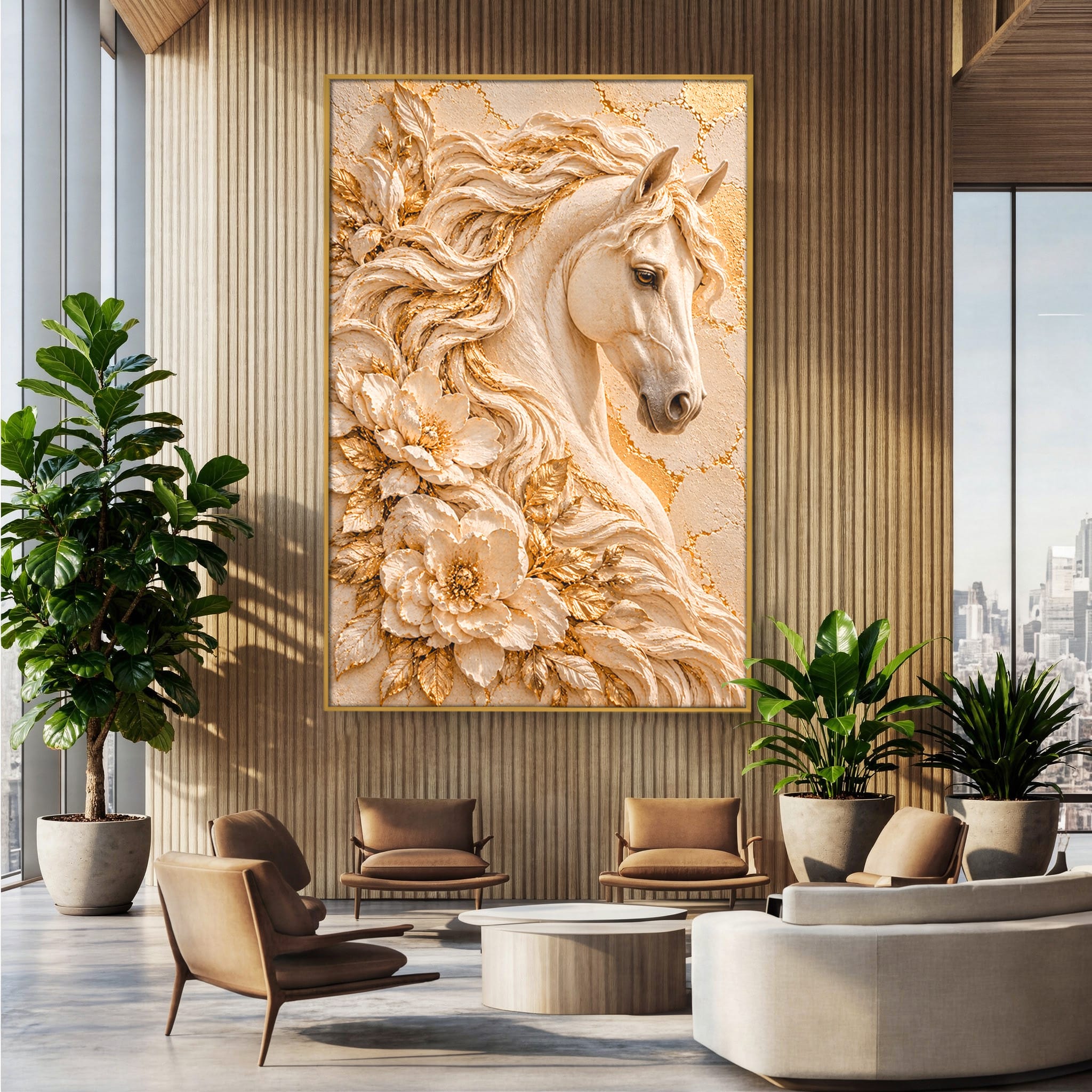 Tablou Canvas Premium LuxCanva® PI1423, Cal Auriu Regal, Armasar, Frumusete, Flori, Eleganta, Culori Vibrante, Living, Dormitor