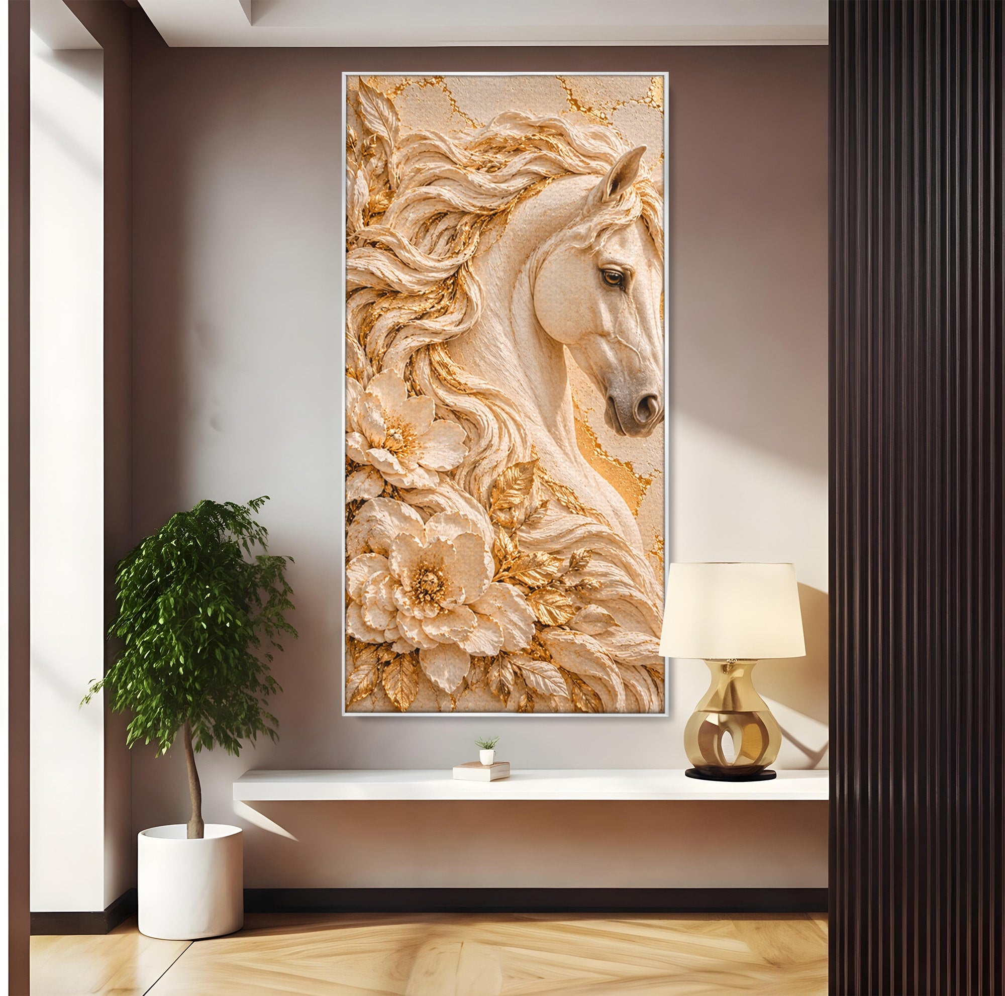 Tablou Canvas Premium LuxCanva® PI1423, Cal Auriu Regal, Armasar, Frumusete, Flori, Eleganta, Culori Vibrante, Living, Dormitor