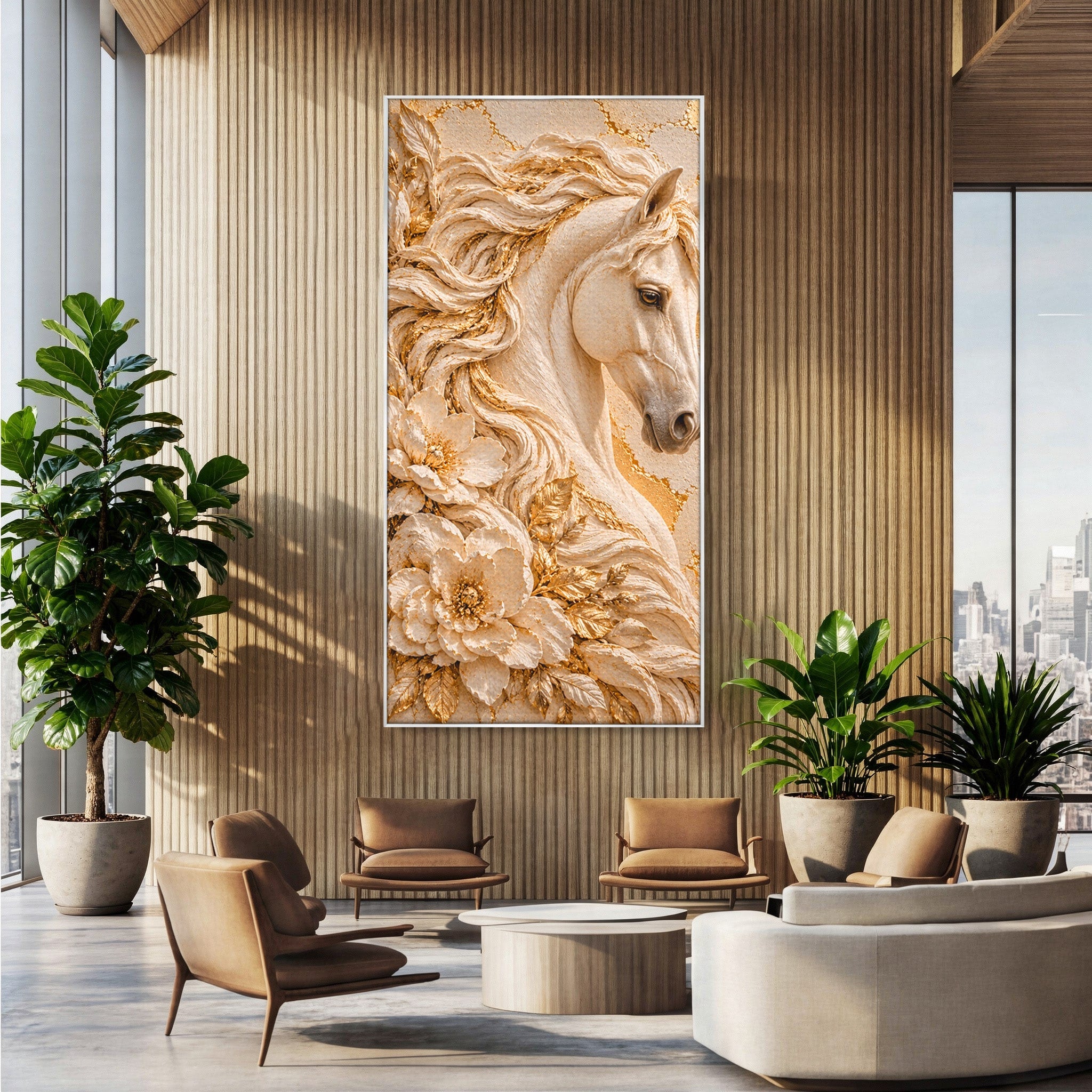 Tablou Canvas Premium LuxCanva® PI1423, Cal Auriu Regal, Armasar, Frumusete, Flori, Eleganta, Culori Vibrante, Living, Dormitor