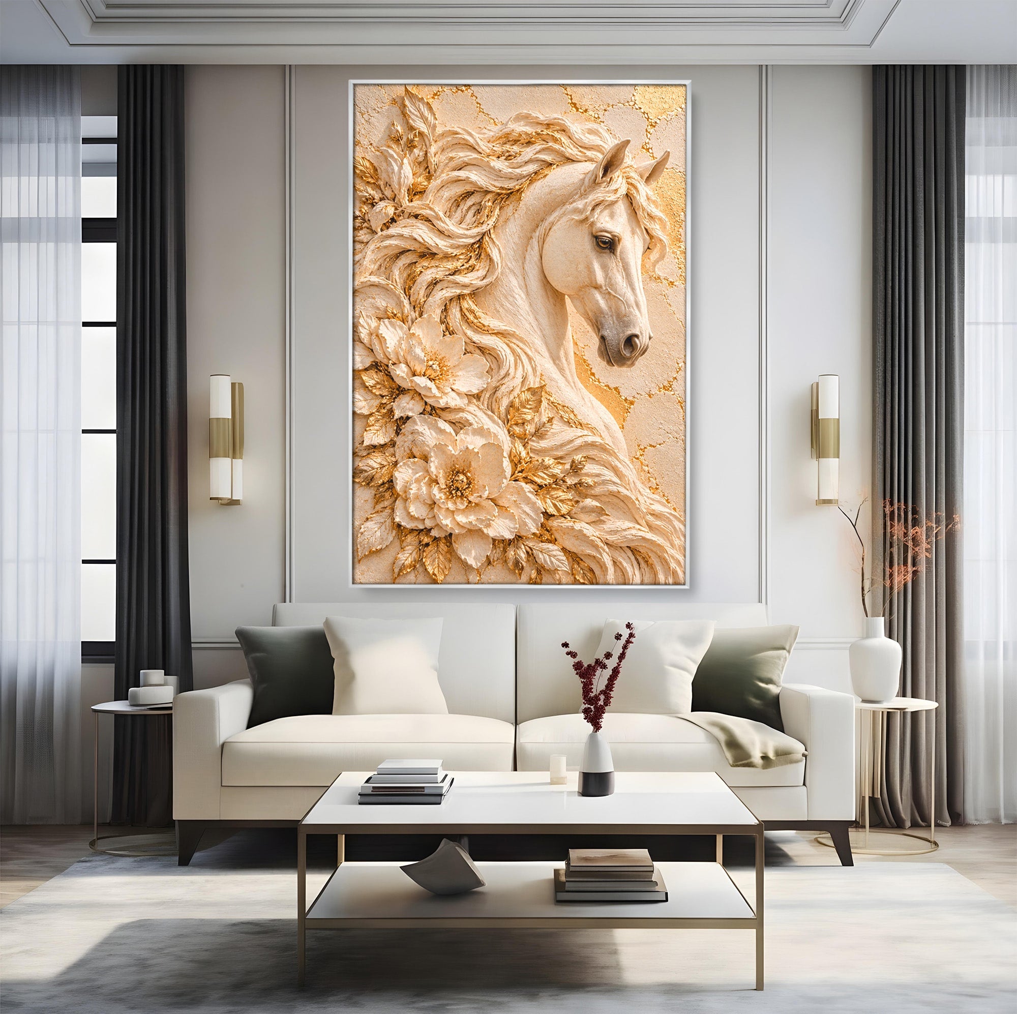 Tablou Canvas Premium LuxCanva® PI1423, Cal Auriu Regal, Armasar, Frumusete, Flori, Eleganta, Culori Vibrante, Living, Dormitor