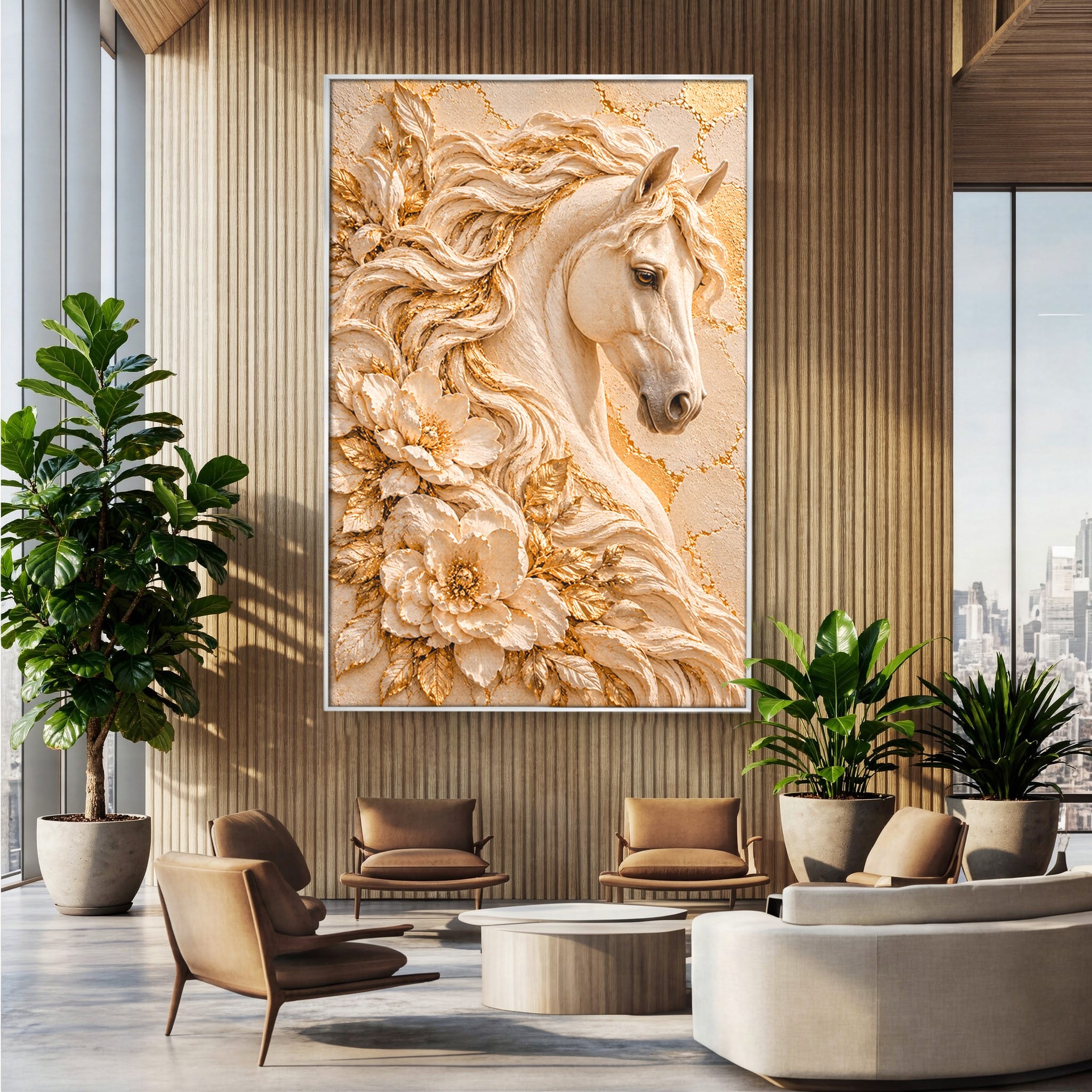 Tablou Canvas Premium LuxCanva® PI1423, Cal Auriu Regal, Armasar, Frumusete, Flori, Eleganta, Culori Vibrante, Living, Dormitor