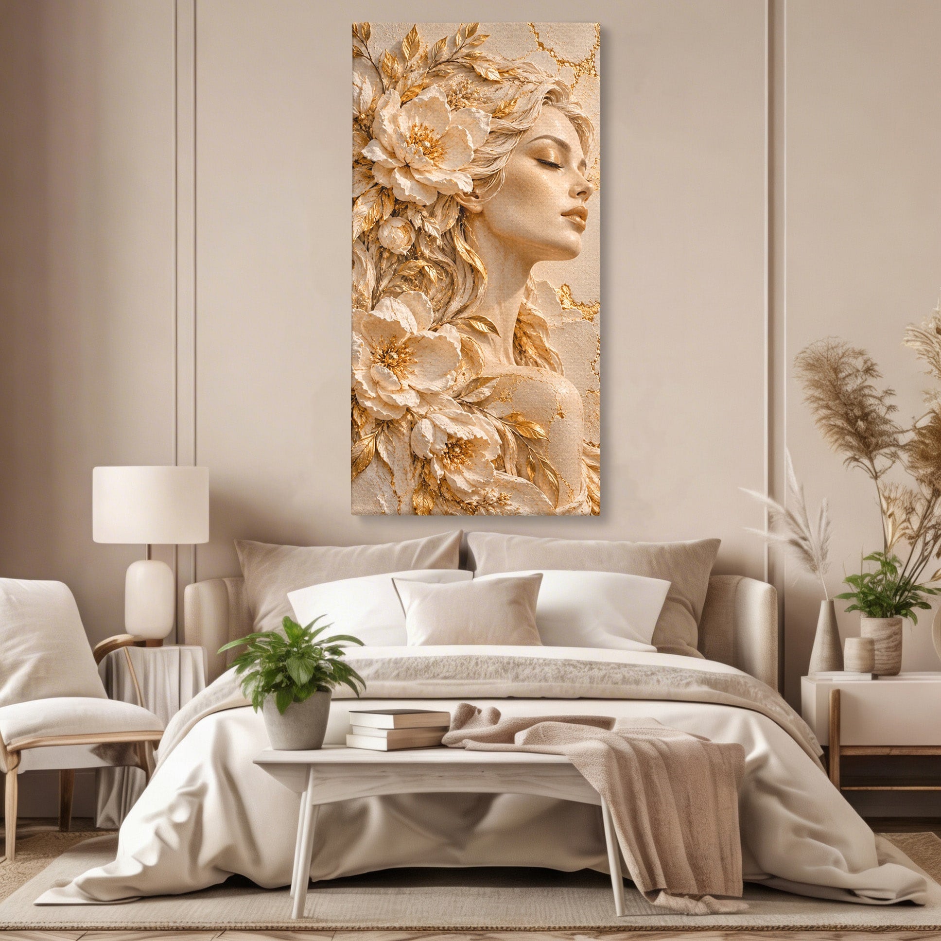 Tablou Canvas Premium LuxCanva® PI1424, Zeița Florilor, Divin, Femeie, Portret, Eleganță, Culori Vibrante, Living, Dormitor