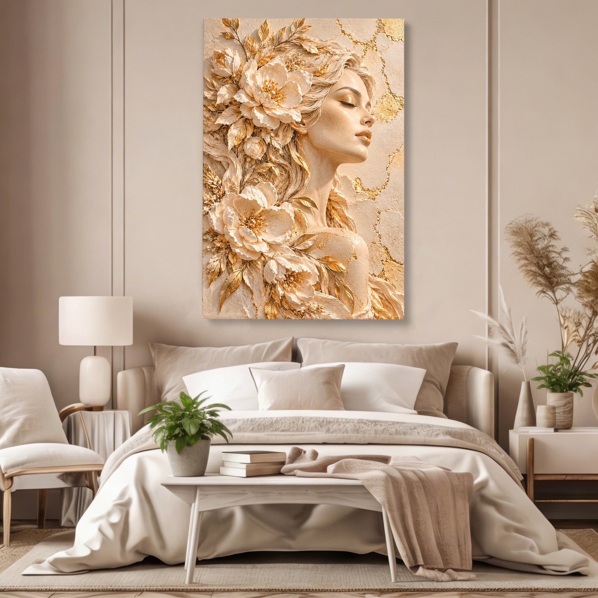 Tablou Canvas Premium LuxCanva® PI1424, Zeița Florilor, Divin, Femeie, Portret, Eleganță, Culori Vibrante, Living, Dormitor