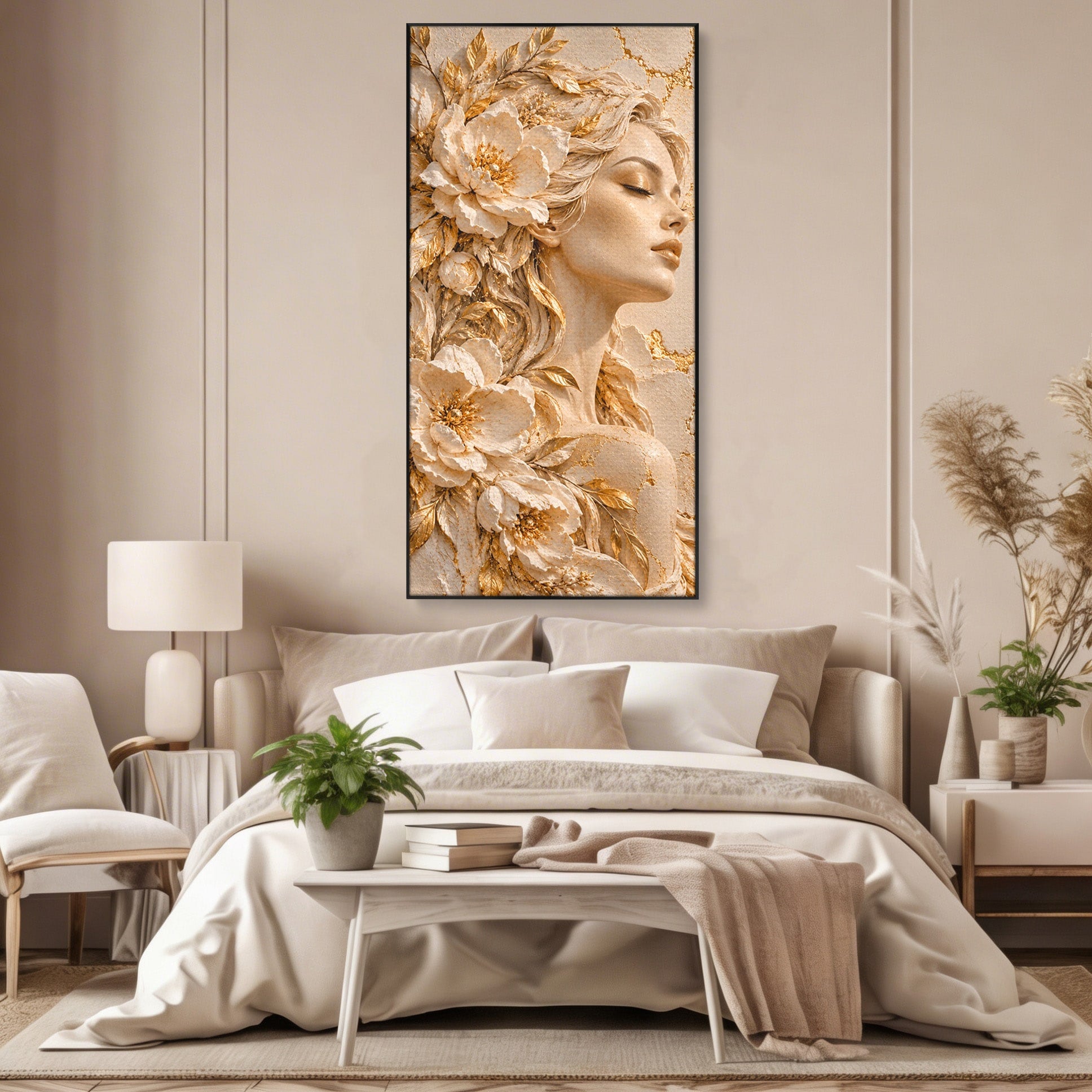 Tablou Canvas Premium LuxCanva® PI1424, Zeița Florilor, Divin, Femeie, Portret, Eleganță, Culori Vibrante, Living, Dormitor