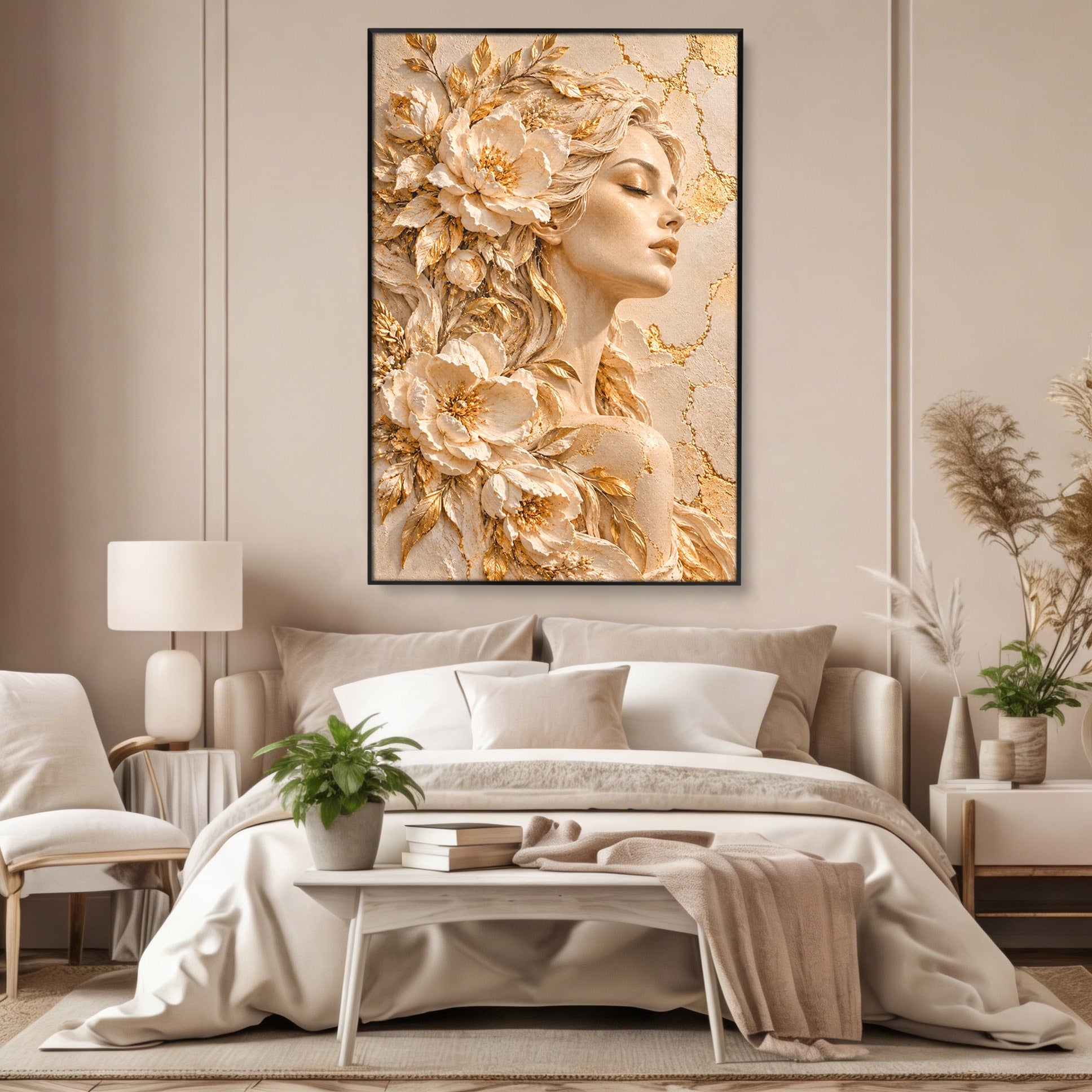 Tablou Canvas Premium LuxCanva® PI1424, Zeița Florilor, Divin, Femeie, Portret, Eleganță, Culori Vibrante, Living, Dormitor