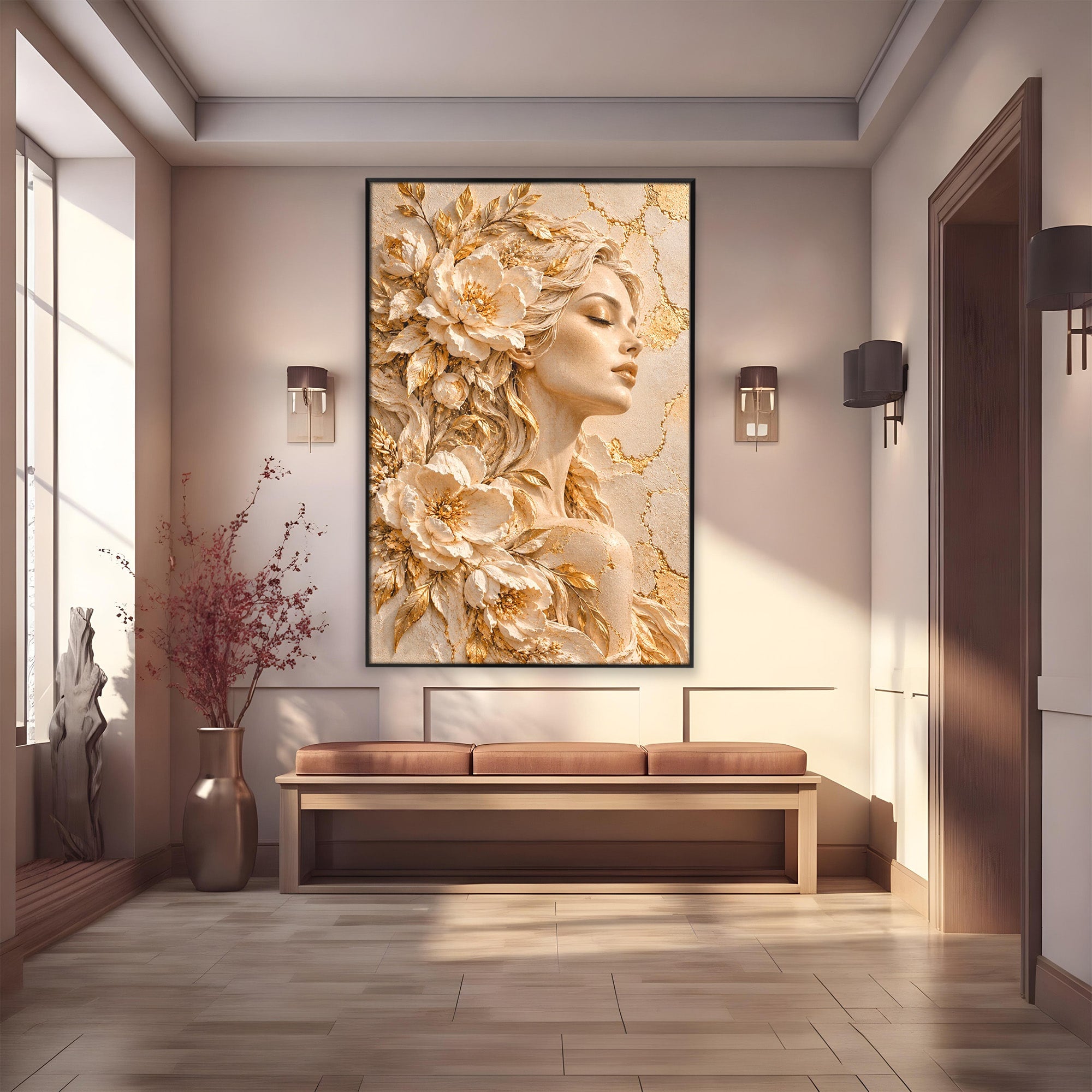 Tablou Canvas Premium LuxCanva® PI1424, Zeița Florilor, Divin, Femeie, Portret, Eleganță, Culori Vibrante, Living, Dormitor