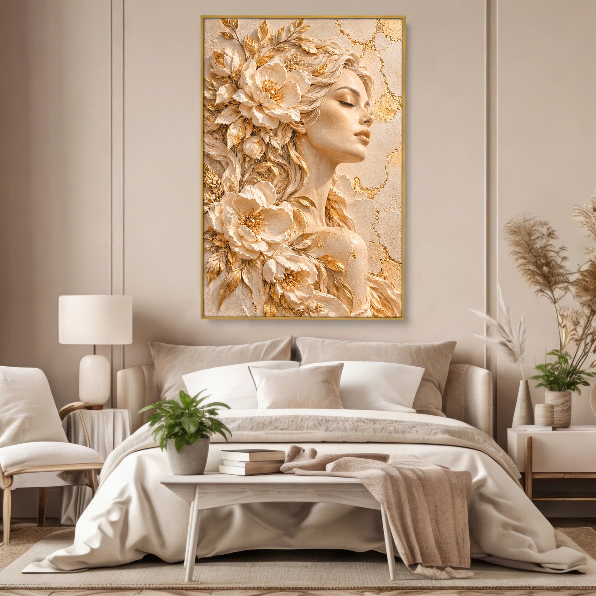 Tablou Canvas Premium LuxCanva® PI1424, Zeița Florilor, Divin, Femeie, Portret, Eleganță, Culori Vibrante, Living, Dormitor