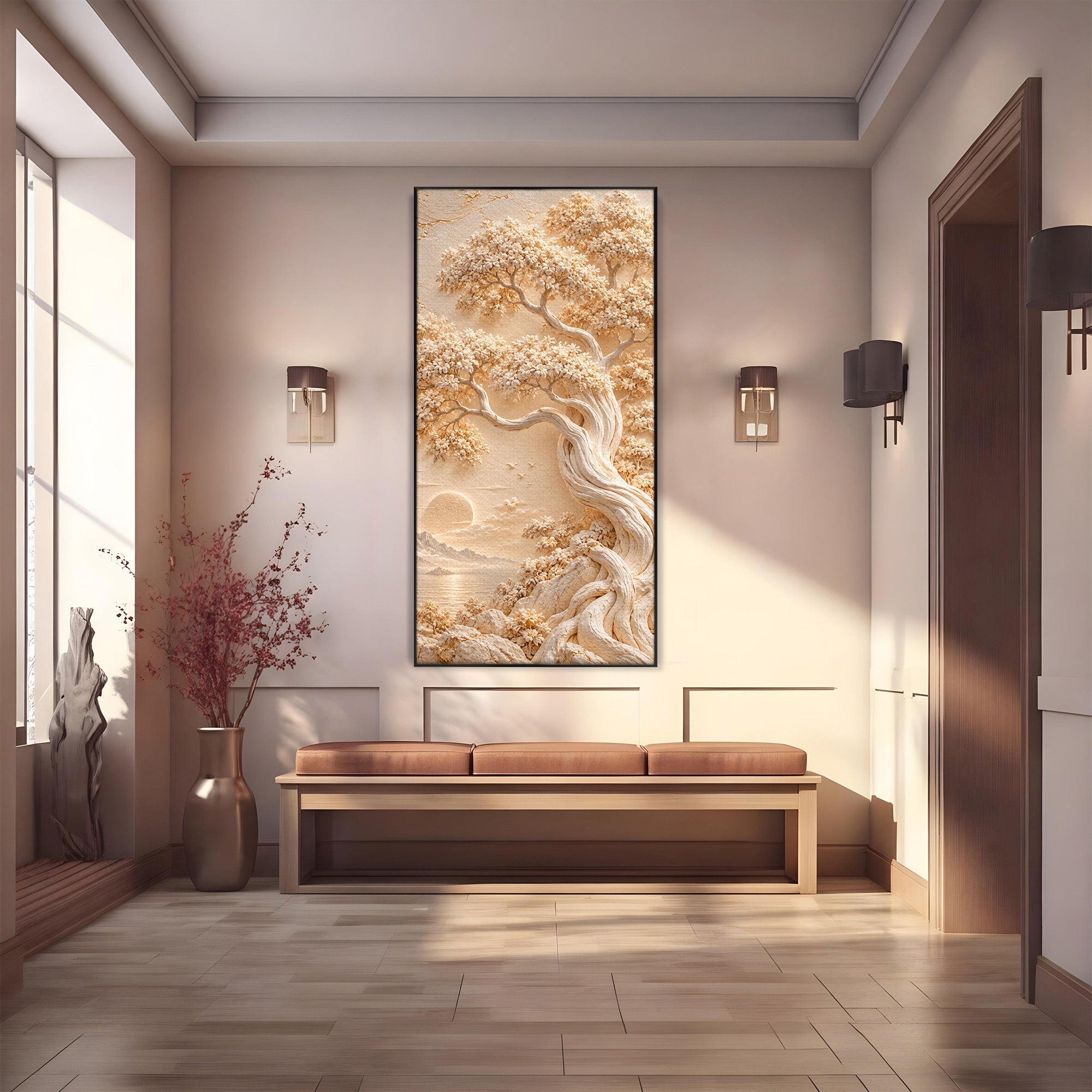 Tablou Canvas Premium LuxCanva® PI1425, Copac In Relief, Arbore, Peisaj, Apus, Natura, Culori Vibrante, Living, Dormitor