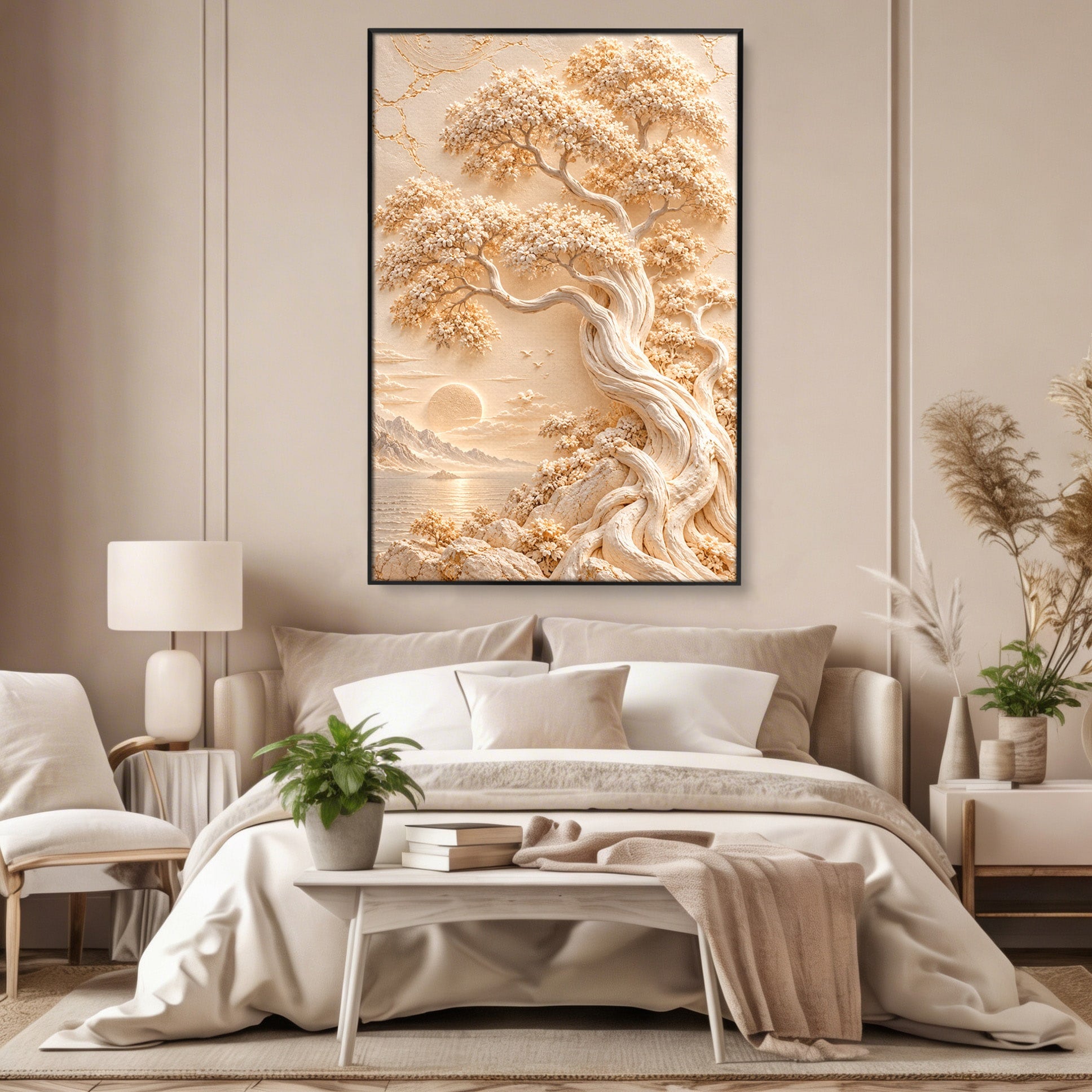 Tablou Canvas Premium LuxCanva® PI1425, Copac In Relief, Arbore, Peisaj, Apus, Natura, Culori Vibrante, Living, Dormitor