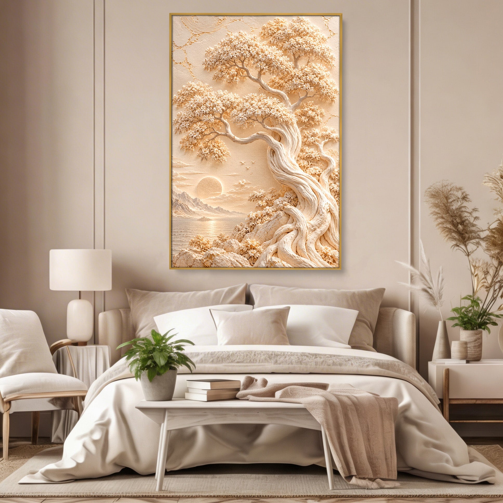 Tablou Canvas Premium LuxCanva® PI1425, Copac In Relief, Arbore, Peisaj, Apus, Natura, Culori Vibrante, Living, Dormitor
