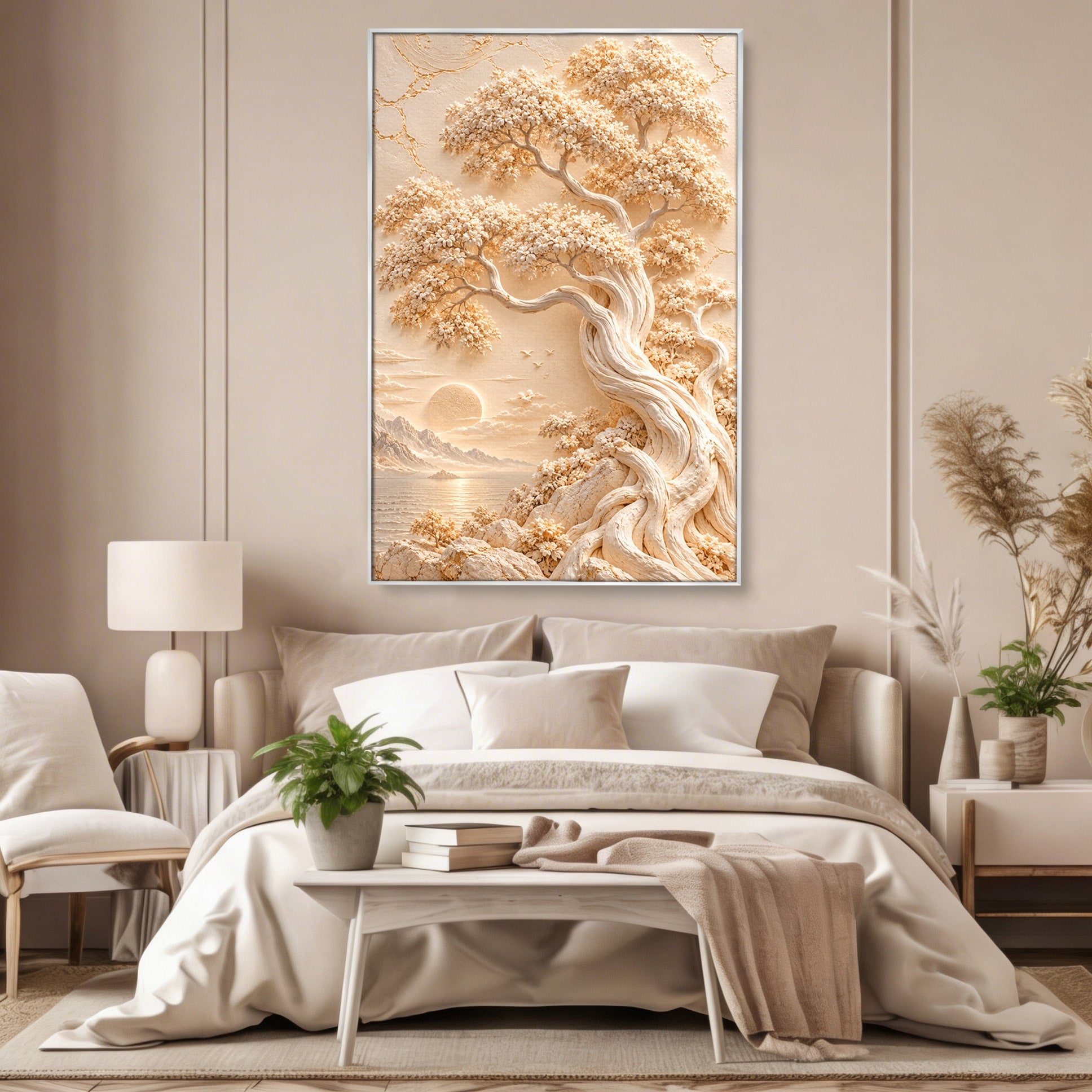 Tablou Canvas Premium LuxCanva® PI1425, Copac In Relief, Arbore, Peisaj, Apus, Natura, Culori Vibrante, Living, Dormitor