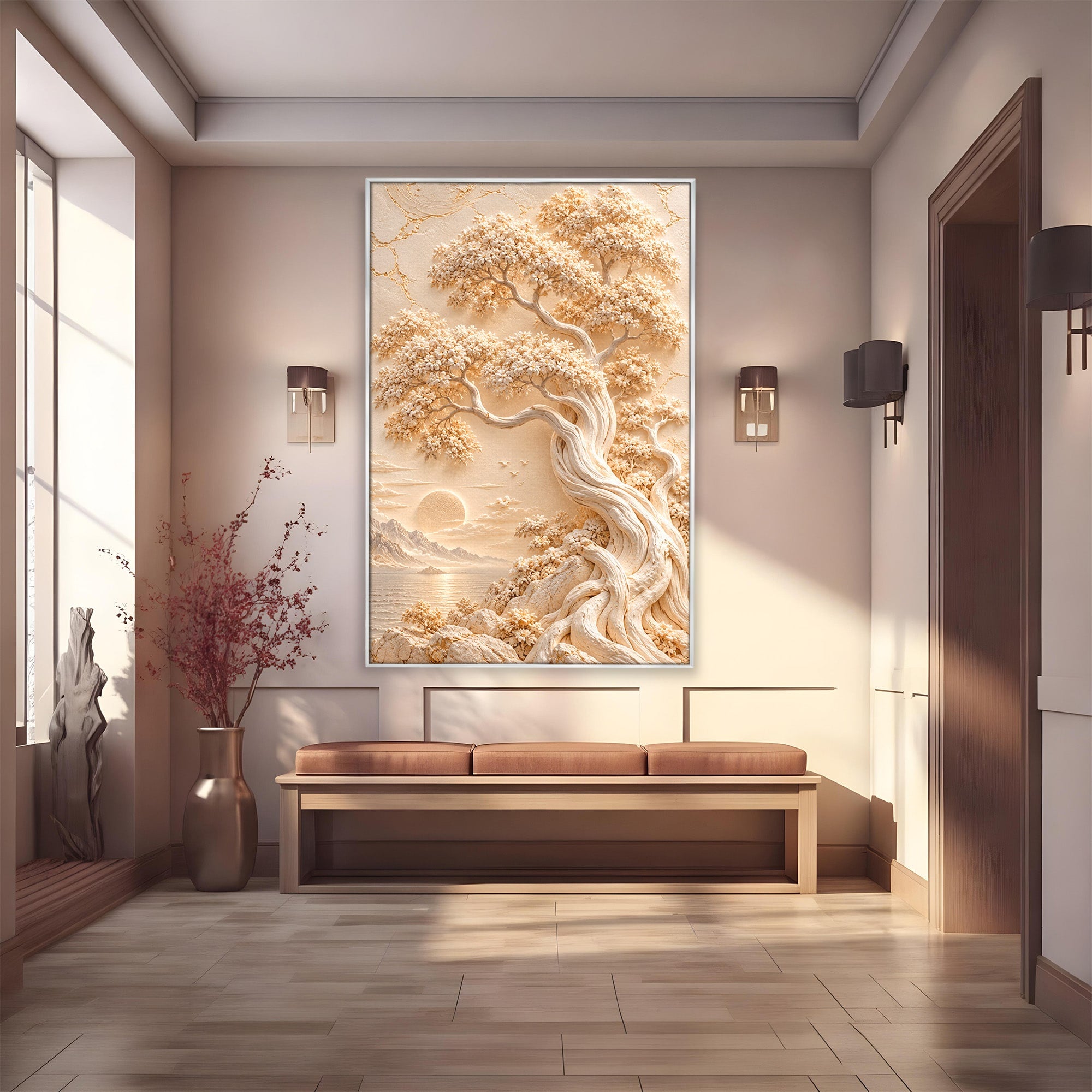 Tablou Canvas Premium LuxCanva® PI1425, Copac In Relief, Arbore, Peisaj, Apus, Natura, Culori Vibrante, Living, Dormitor