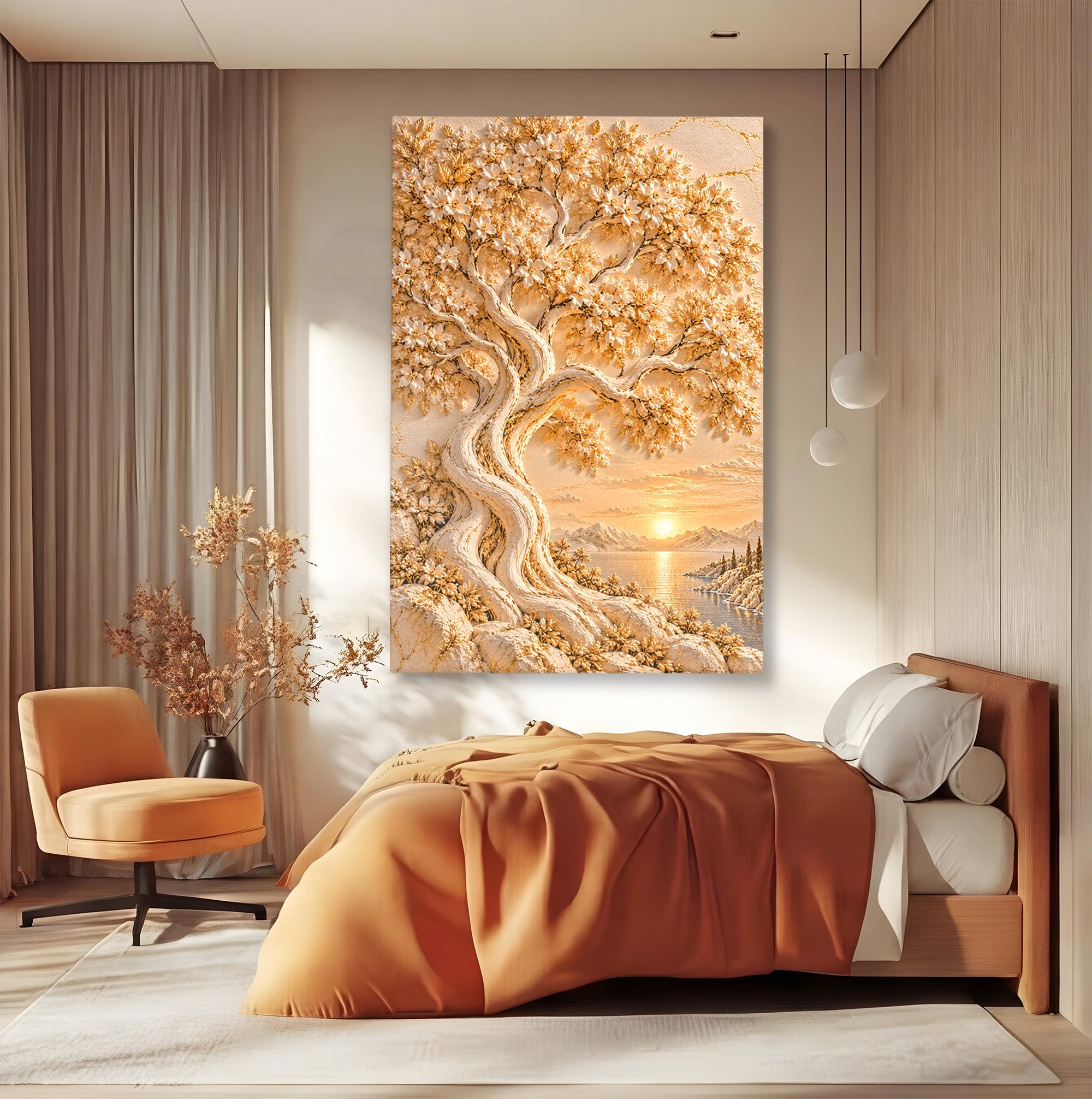 Tablou Canvas Premium LuxCanva® PI1426, Copac De Aur, Arbore, Apus, Natura, Peisaj, Culori Vibrante, Living, Dormitor