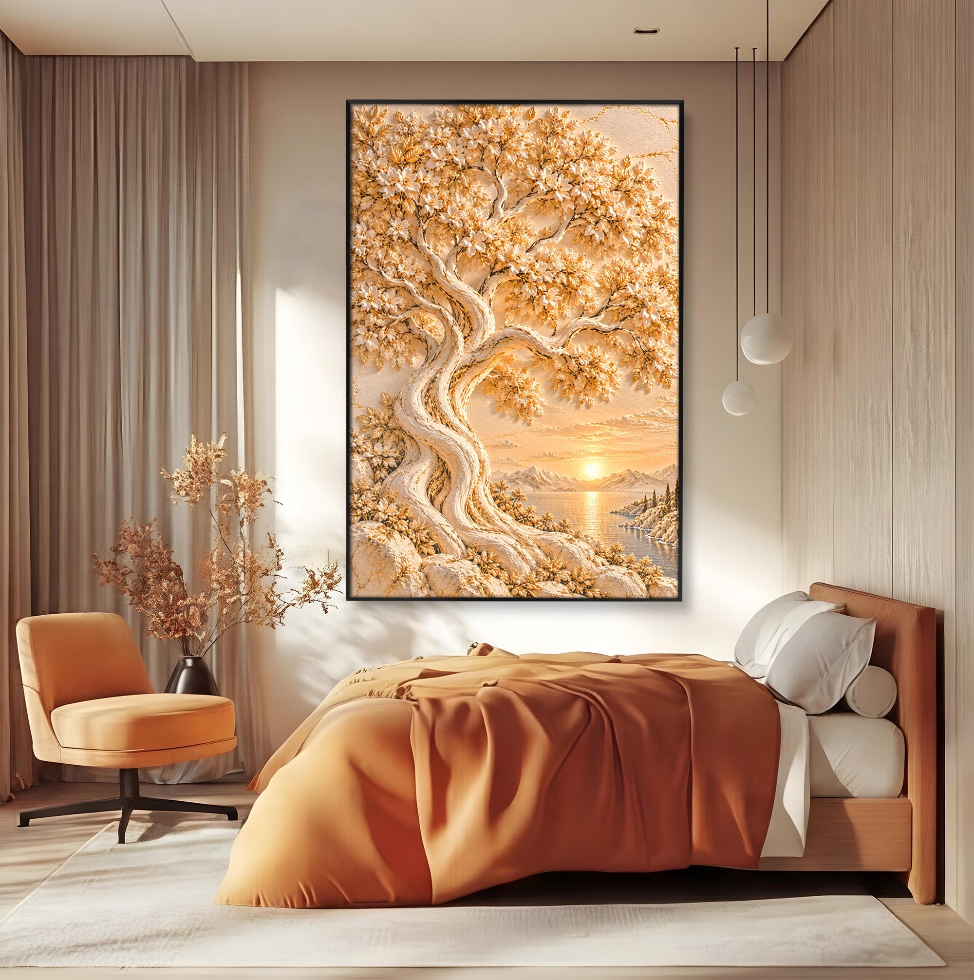 Tablou Canvas Premium LuxCanva® PI1426, Copac De Aur, Arbore, Apus, Natura, Peisaj, Culori Vibrante, Living, Dormitor