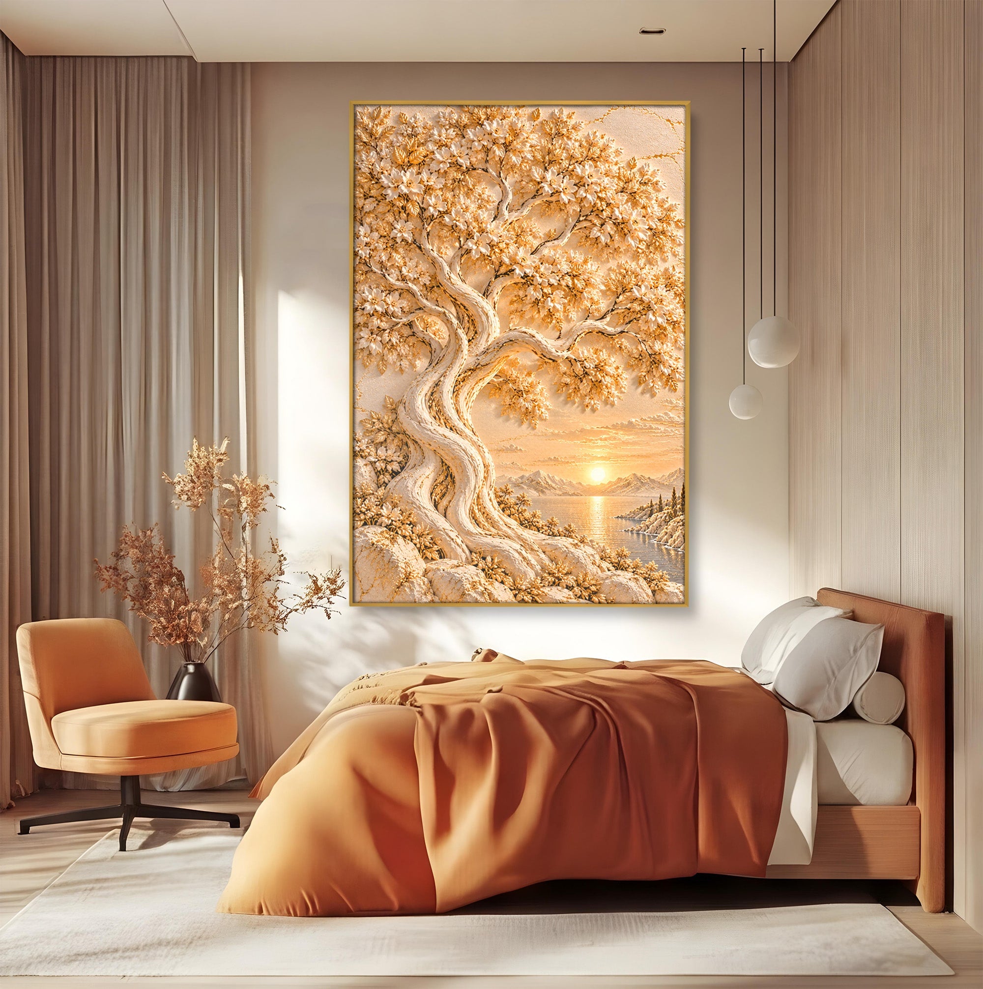 Tablou Canvas Premium LuxCanva® PI1426, Copac De Aur, Arbore, Apus, Natura, Peisaj, Culori Vibrante, Living, Dormitor