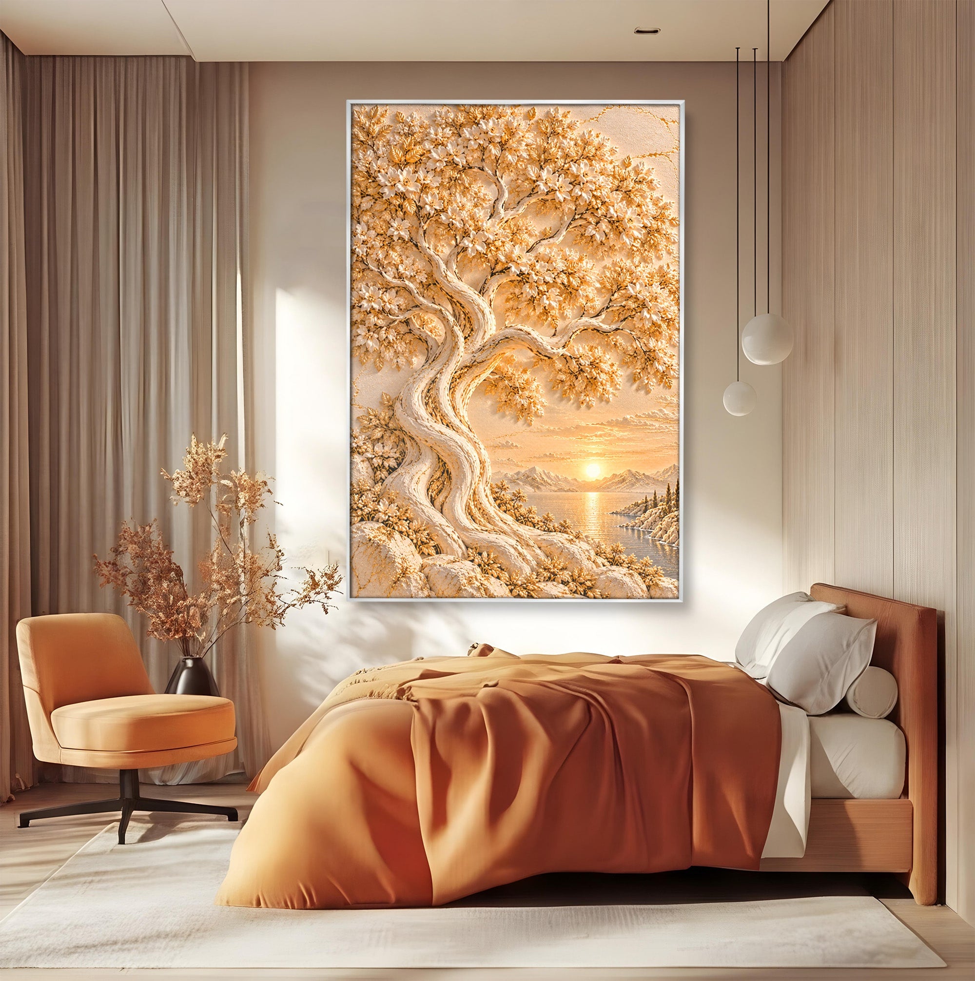 Tablou Canvas Premium LuxCanva® PI1426, Copac De Aur, Arbore, Apus, Natura, Peisaj, Culori Vibrante, Living, Dormitor