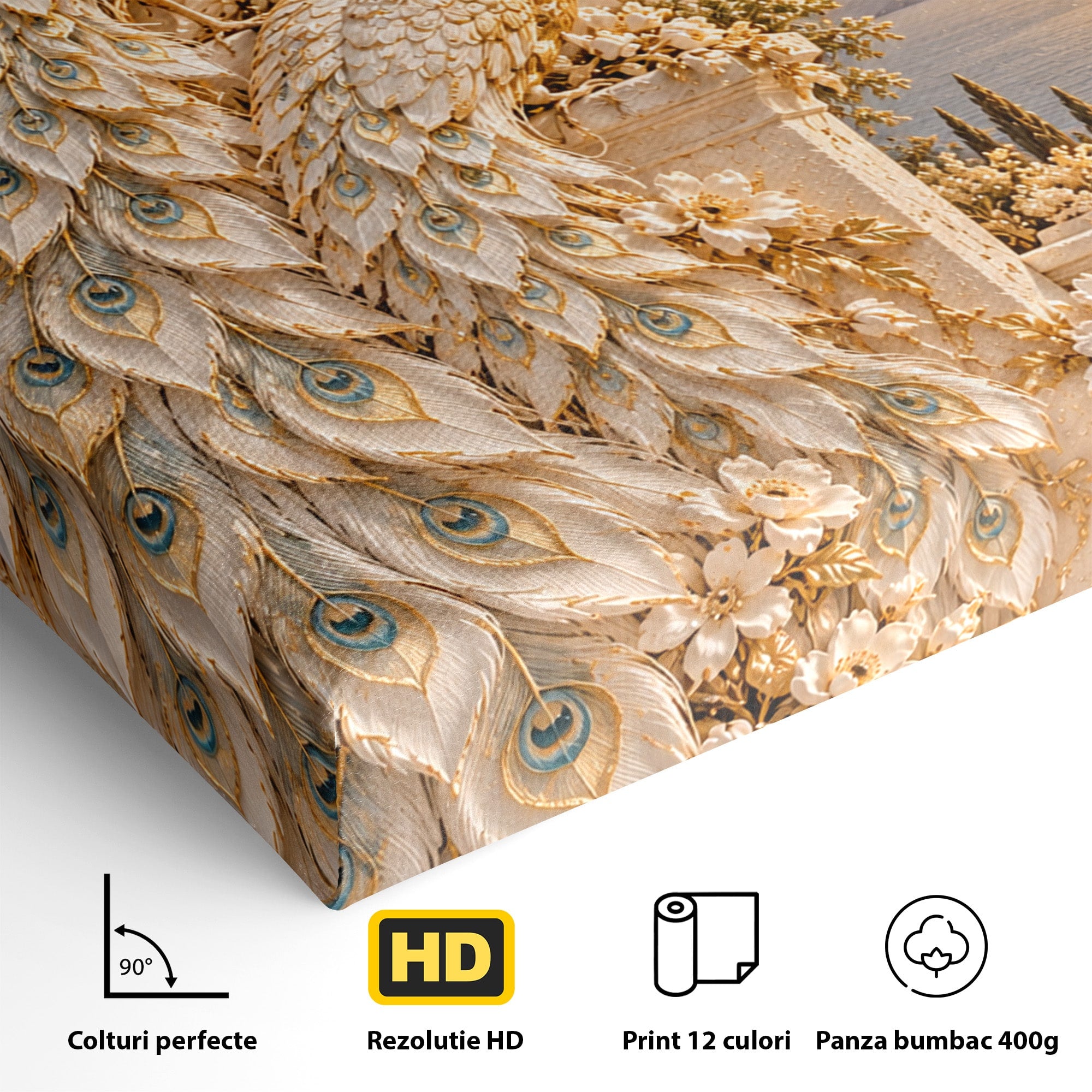 Tablou Canvas Premium LuxCanva® PI1427, Păuni Eleganți, Coada, Eleganță, Apus, Natură, Pereche,  Culori Vibrante, Living, Dormitor