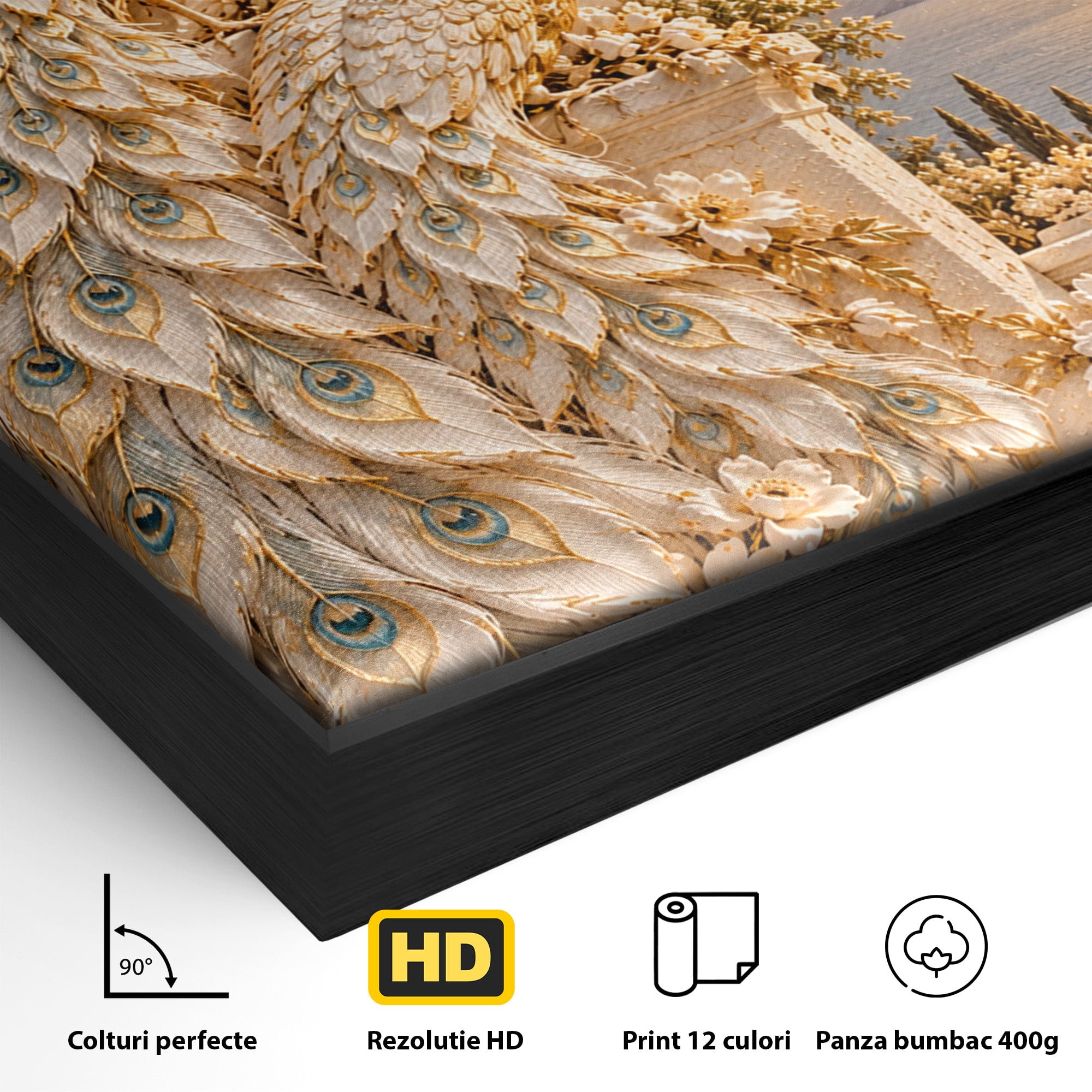 Tablou Canvas Premium LuxCanva® PI1427, Păuni Eleganți, Coada, Eleganță, Apus, Natură, Pereche,  Culori Vibrante, Living, Dormitor