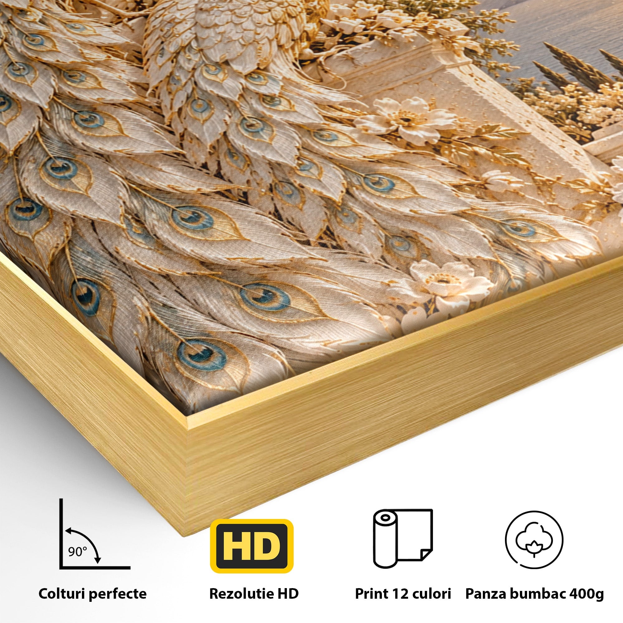 Tablou Canvas Premium LuxCanva® PI1427, Păuni Eleganți, Coada, Eleganță, Apus, Natură, Pereche,  Culori Vibrante, Living, Dormitor