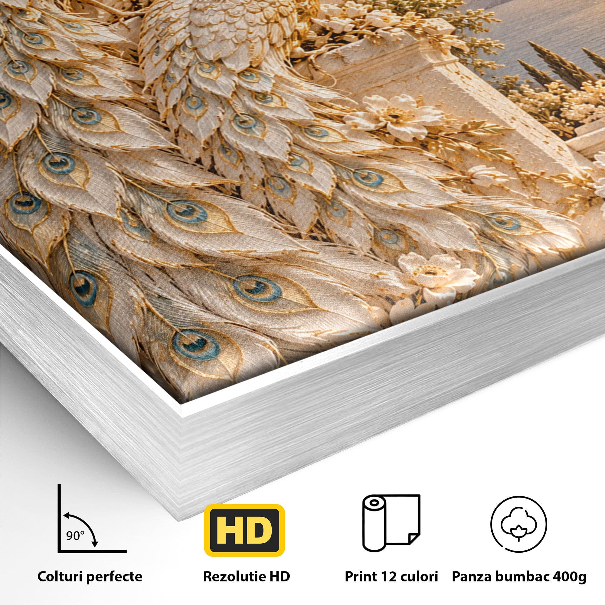 Tablou Canvas Premium LuxCanva® PI1427, Păuni Eleganți, Coada, Eleganță, Apus, Natură, Pereche,  Culori Vibrante, Living, Dormitor