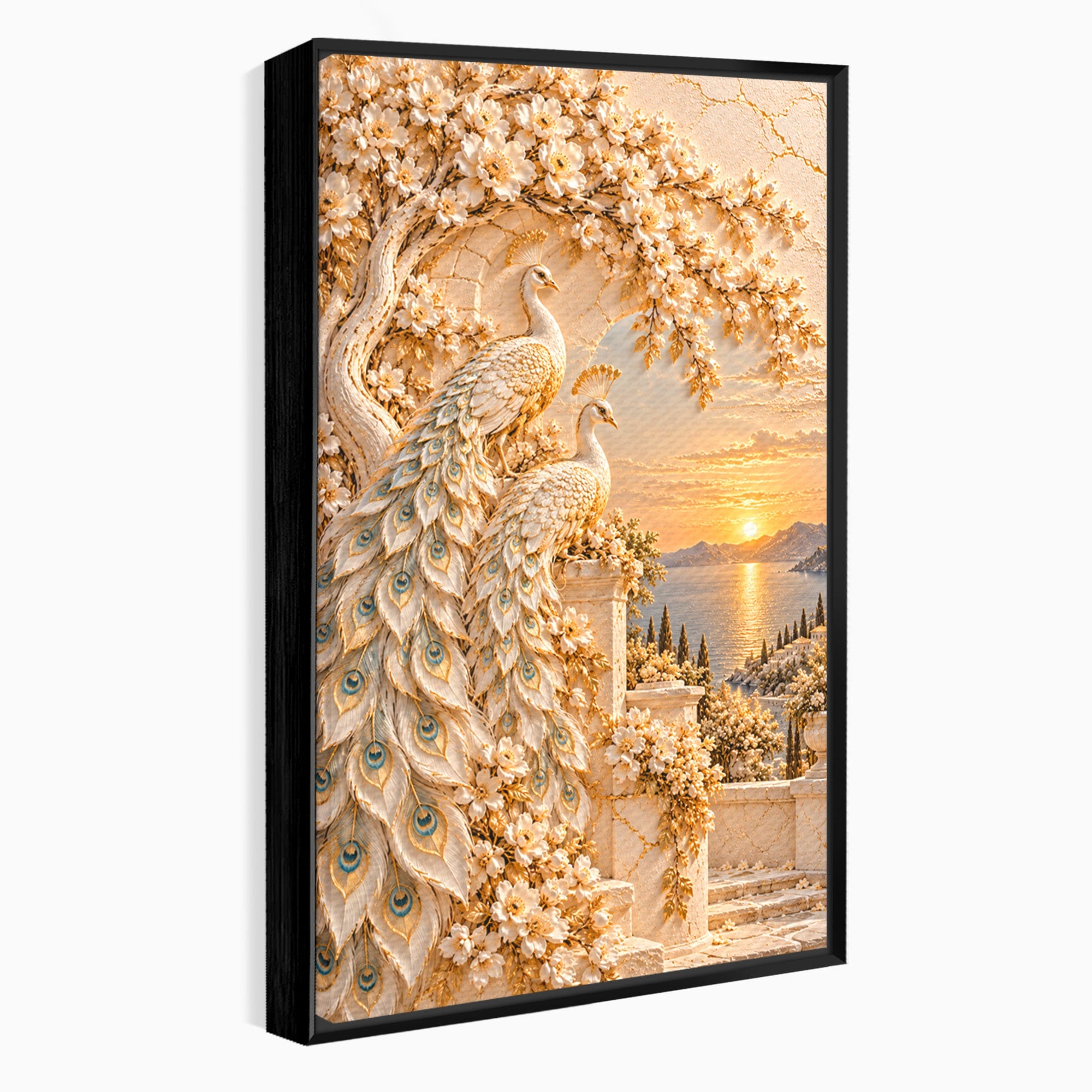 Tablou Canvas Premium LuxCanva® PI1427, Păuni Eleganți, Coada, Eleganță, Apus, Natură, Pereche,  Culori Vibrante, Living, Dormitor